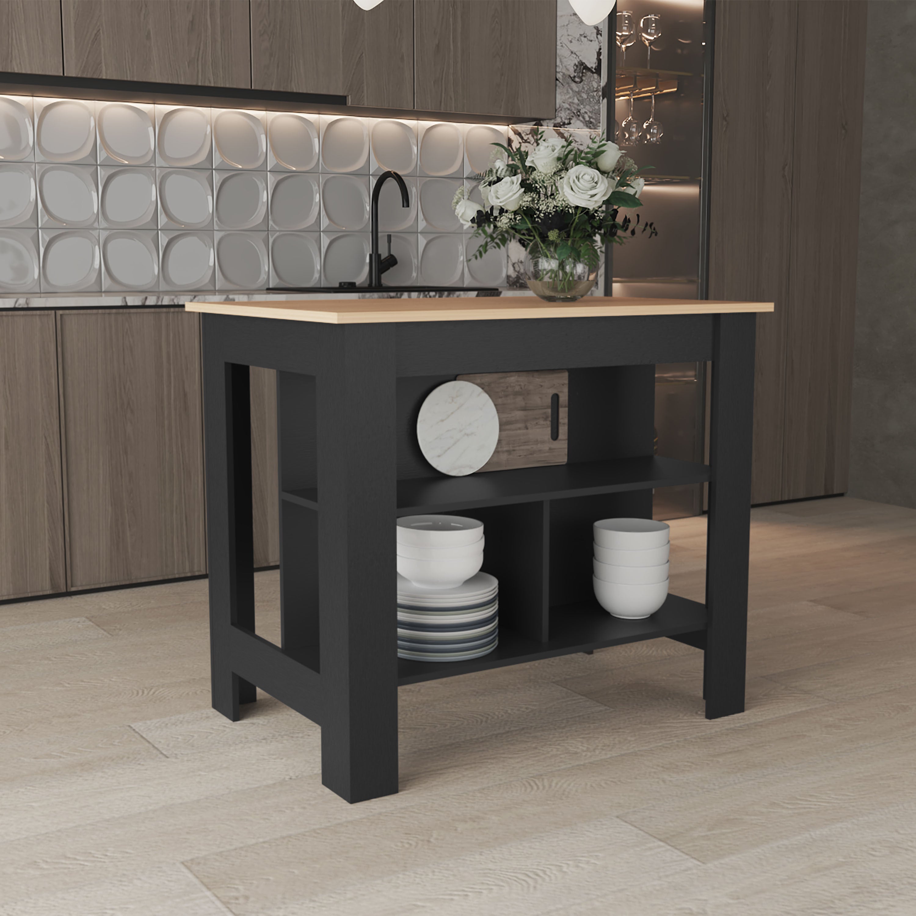 Kitchen Island 35.4"H w/ 3 Shelves, Black & Pine