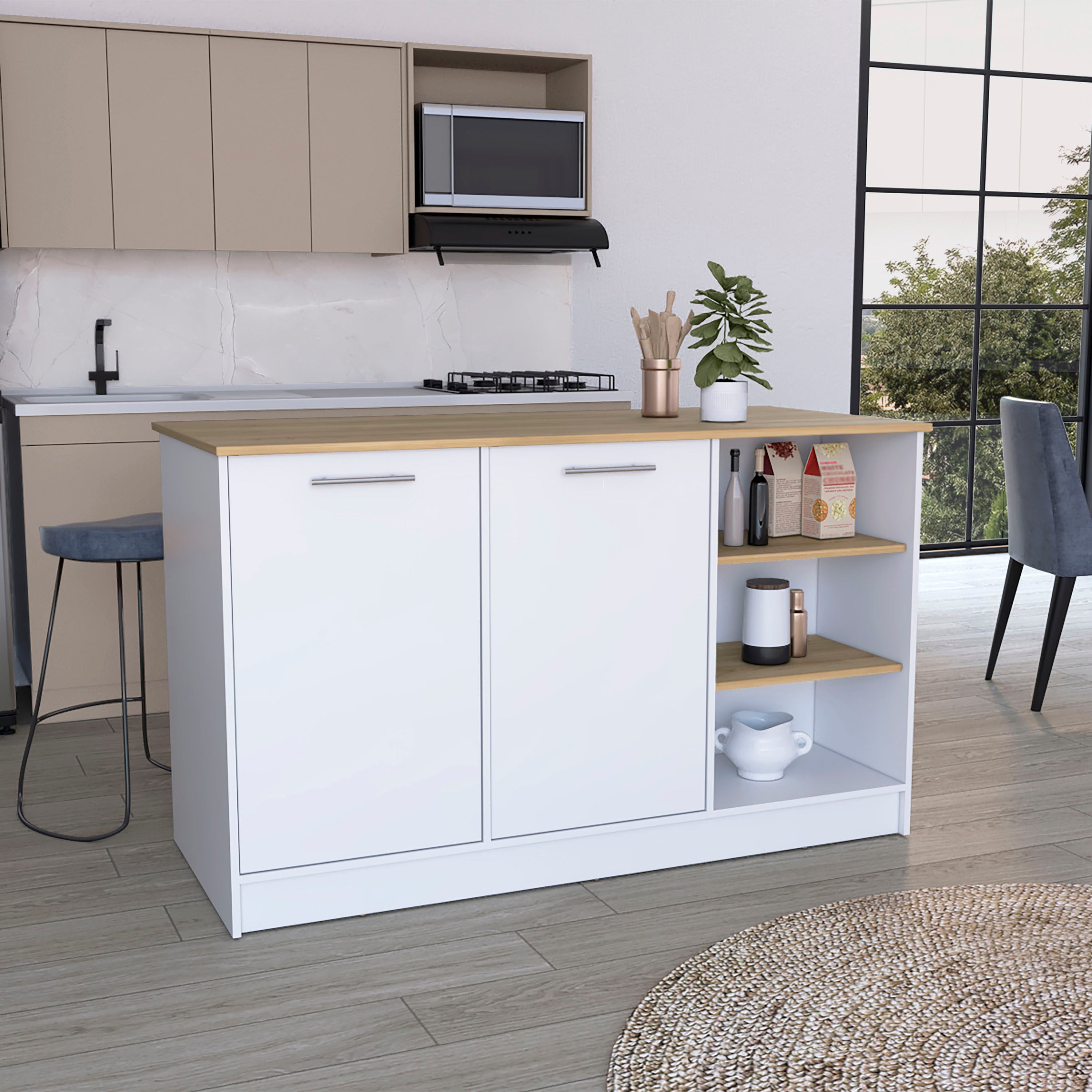White & Oak Kitchen Island: 3 Shelves, 2 Cabinets