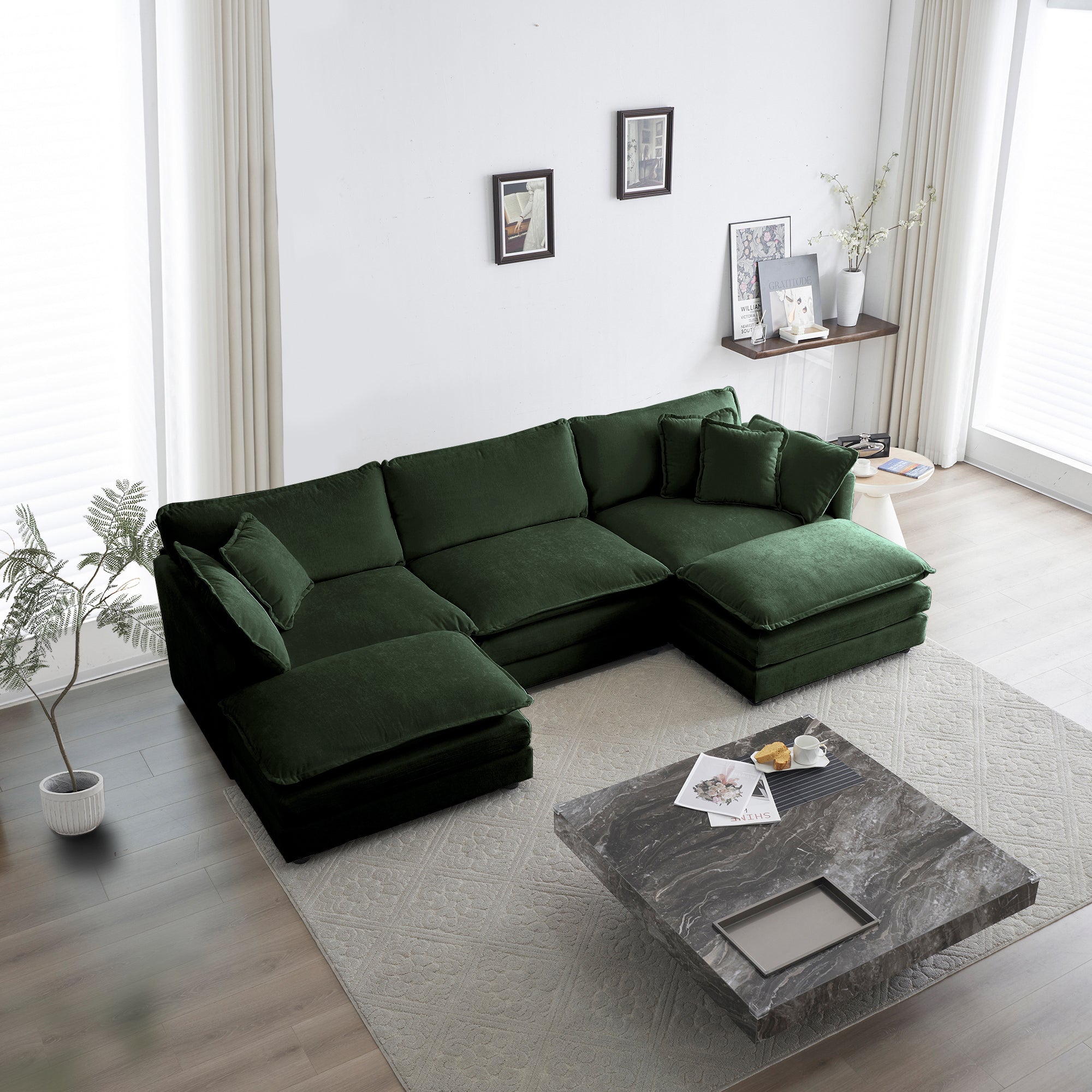 Green Chenille U-Shaped Sectional Sofa