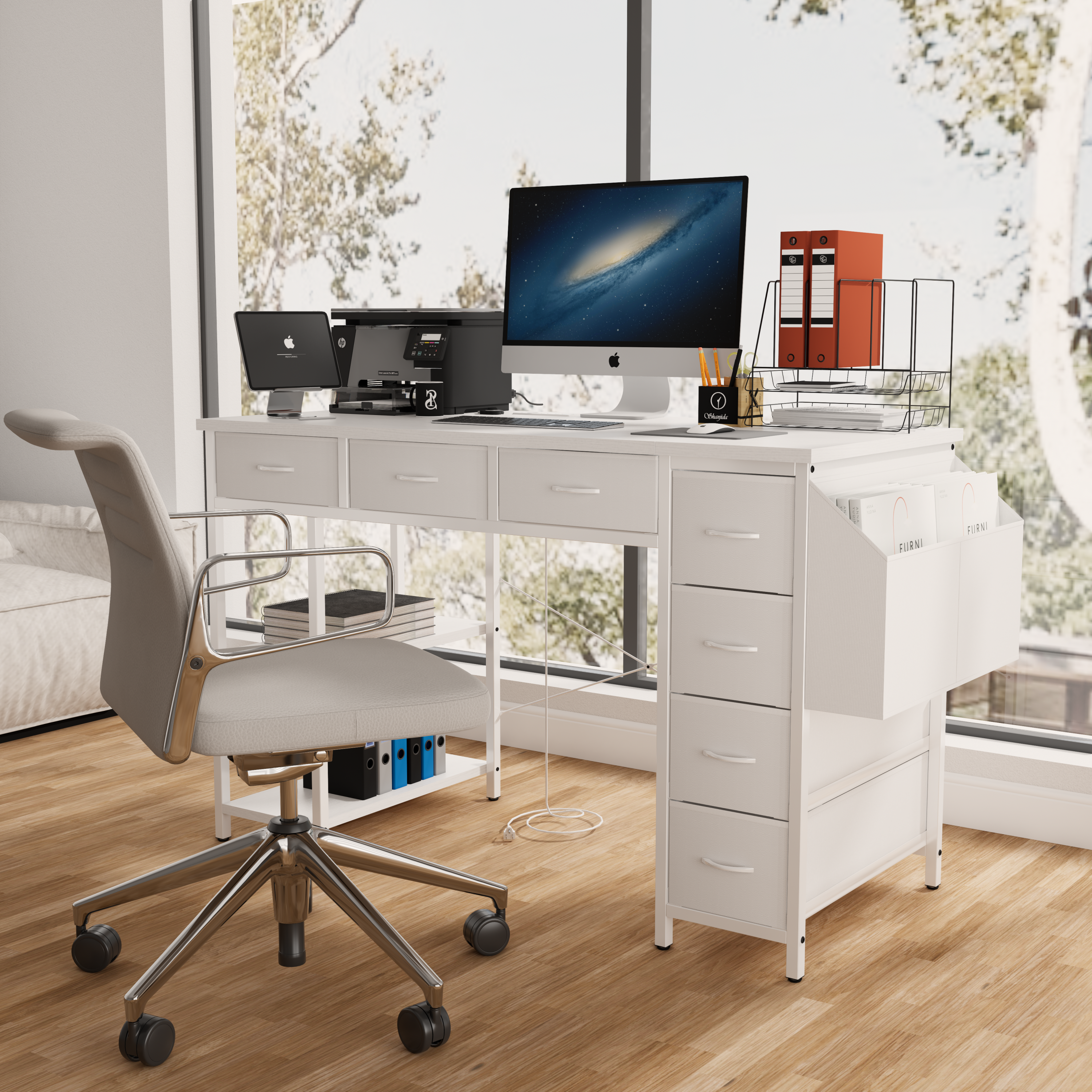 47" Computer Desk w/ Power Outlet & 7 Drawers - White