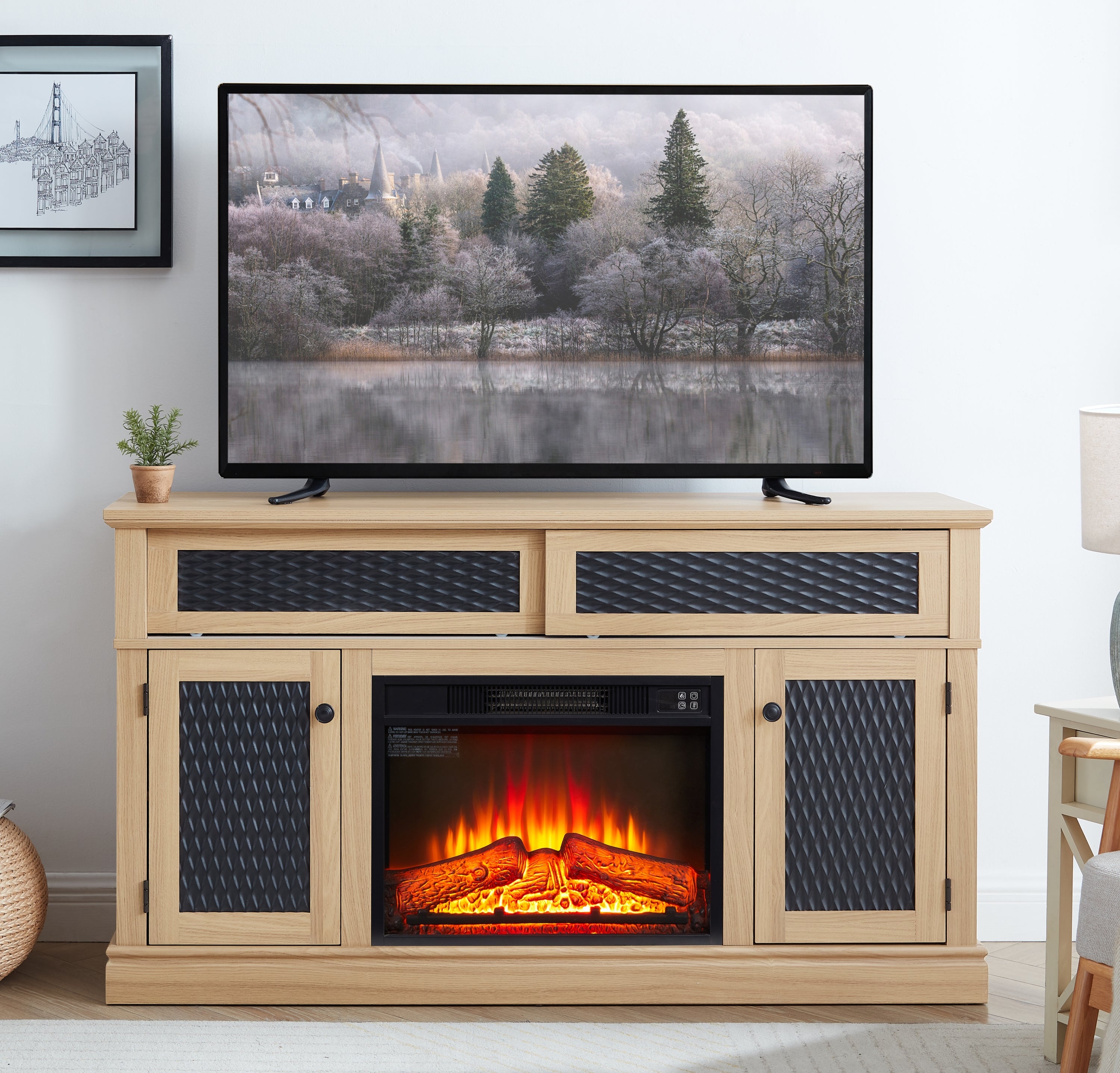 Embossed TV Stand w/ Fireplace & Storage - Light Oak
