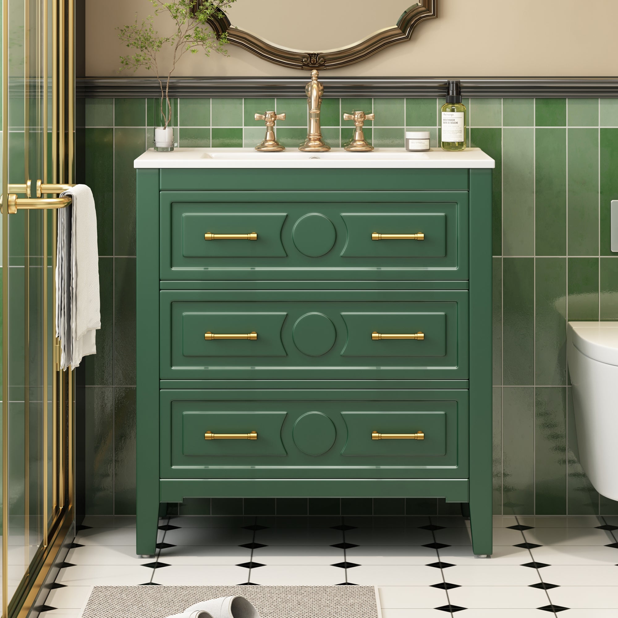 30" Green Bathroom Vanity with Ceramic Sink