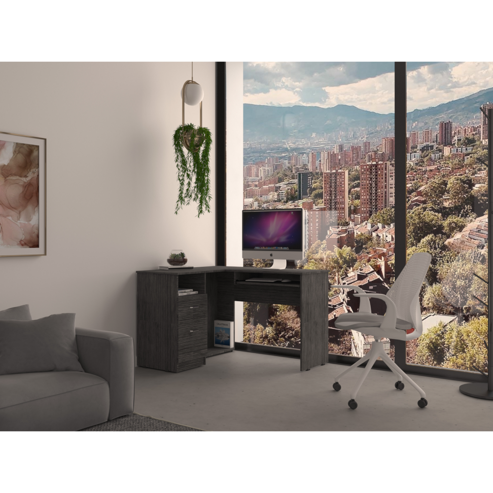 L-Shaped Desk w/ Keyboard Tray, Drawers & Shelf - Smokey Oak