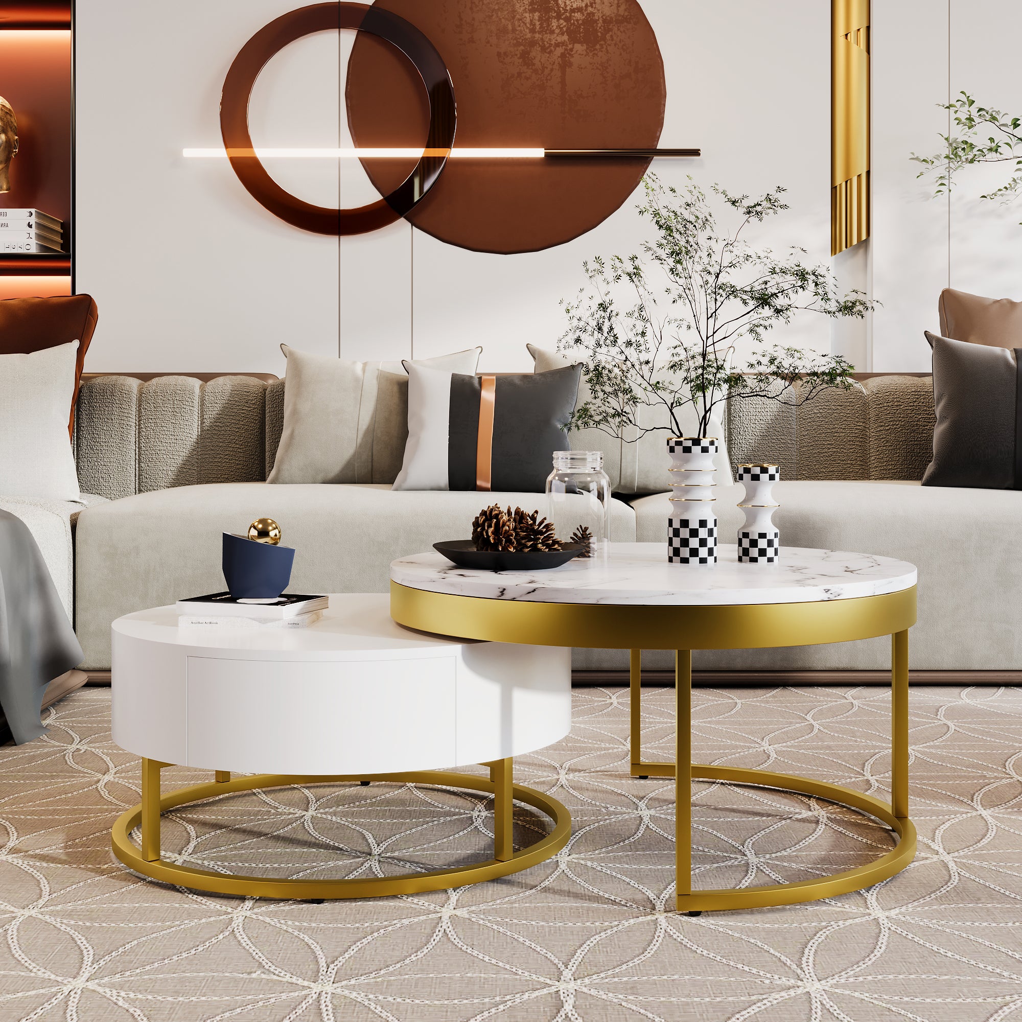 White Round Nesting Coffee Tables with Drawers | Modern Living