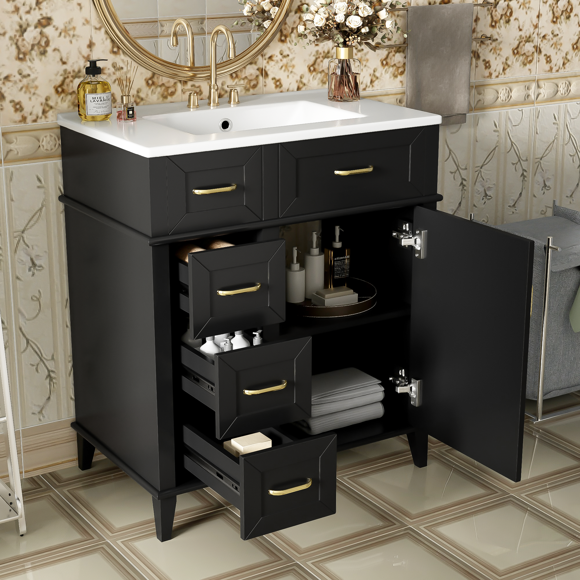 30" Bathroom Vanity: Ceramic Sink & Soft Close Drawers