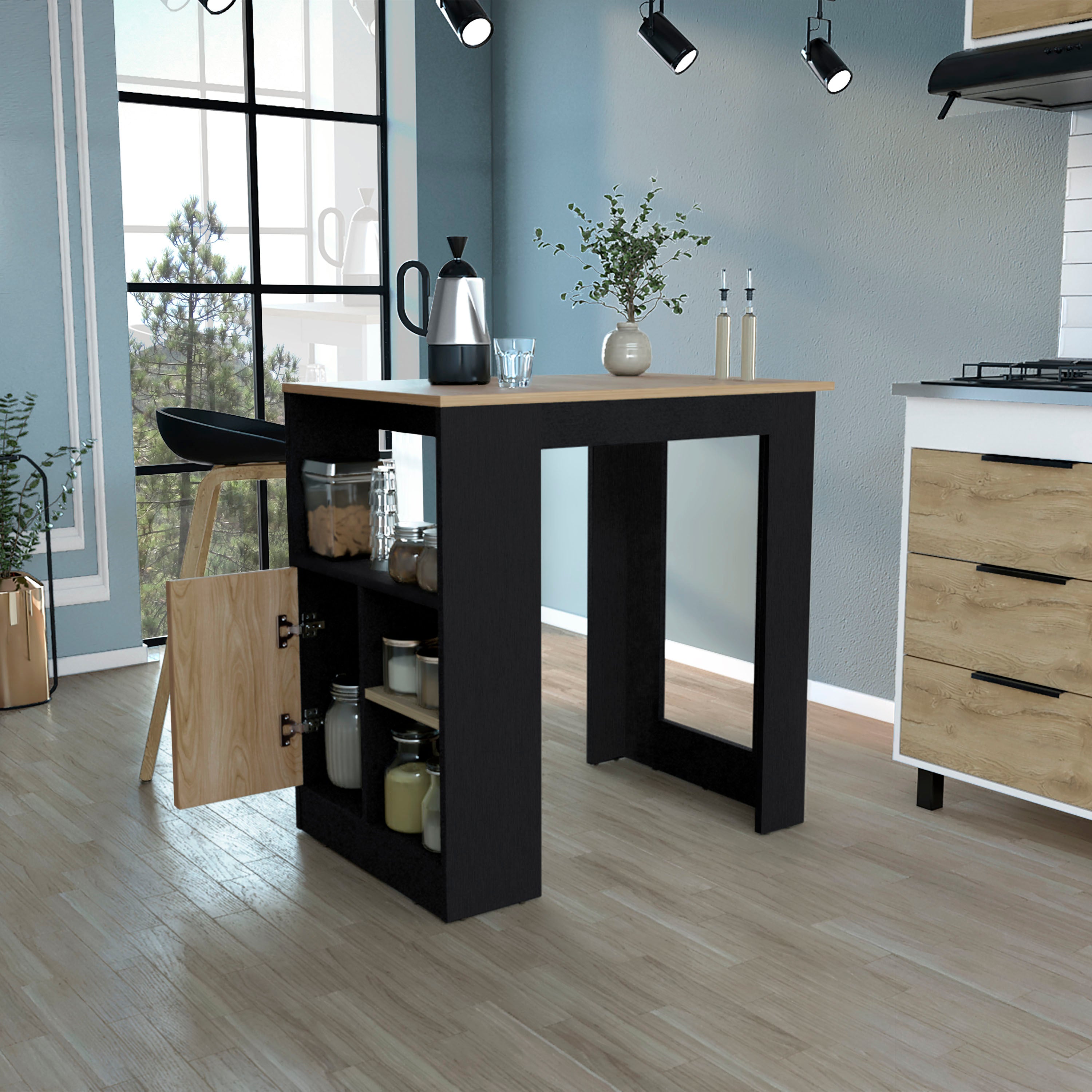36" Kitchen Island w/ Storage & Cabinet - Black/Oak