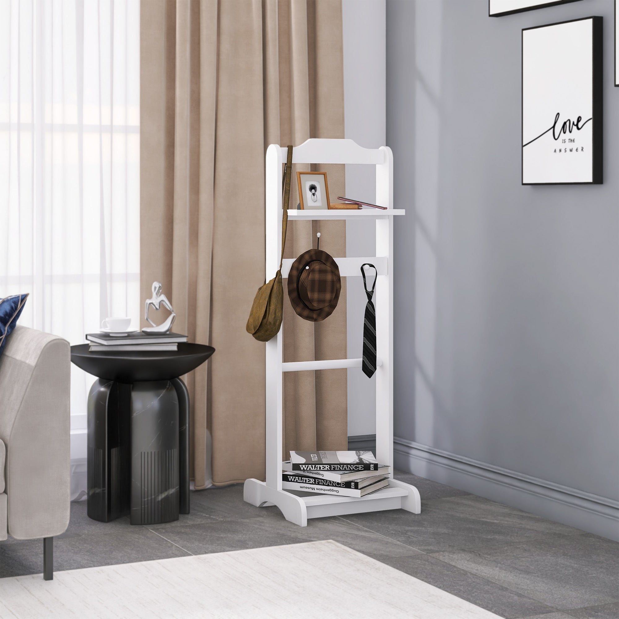 Portable Garment Rack with Storage, White Clothes Valet Stand