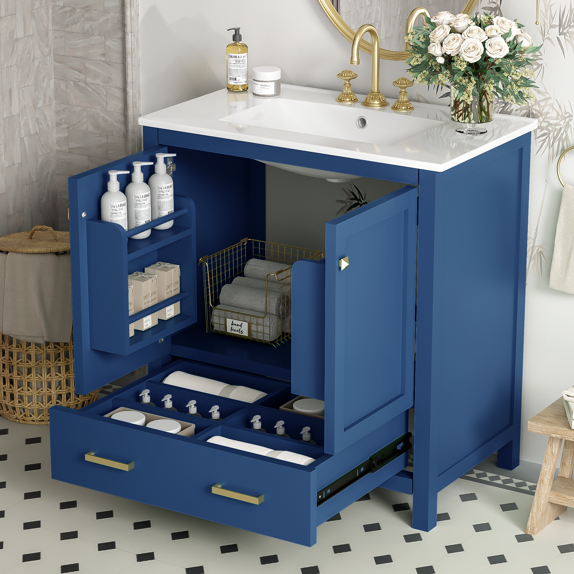 30" Blue Bathroom Vanity w/ Single Sink & Storage