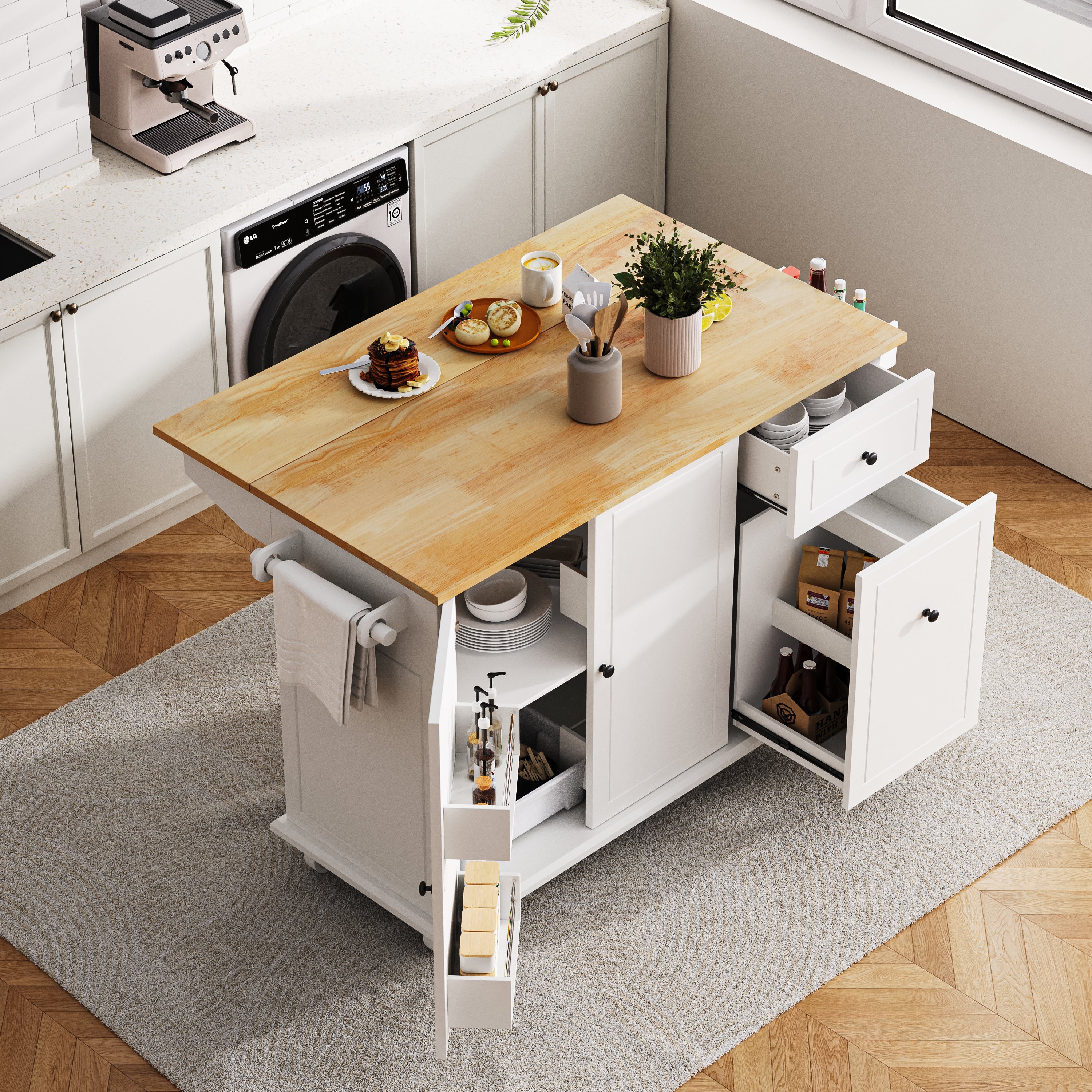 Rolling Kitchen Island Cart w/ Drop Leaf & Storage (White)