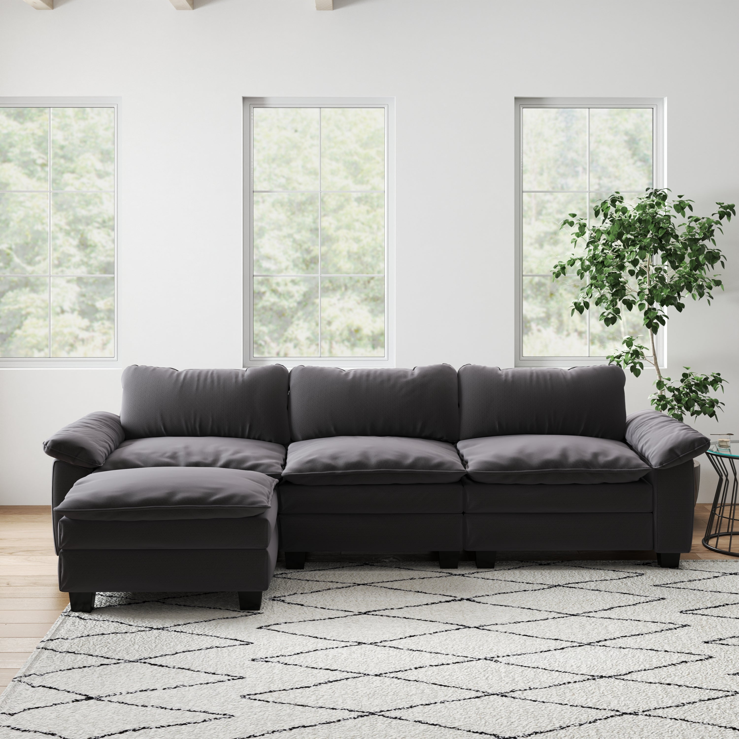 Luxury Velvet Sectional Sofa with Ottoman (Grey)