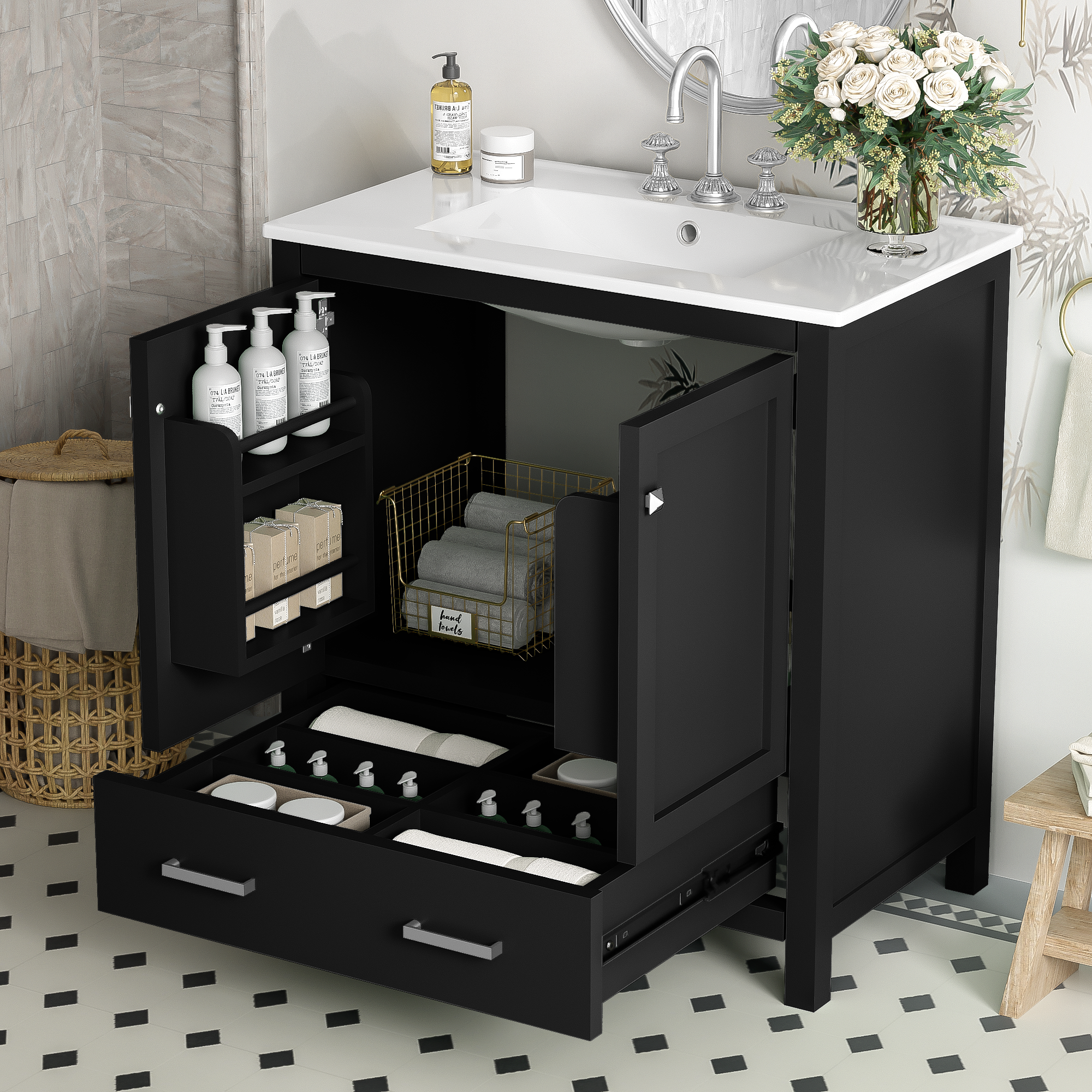 30" Black Bathroom Vanity with Sink & Storage