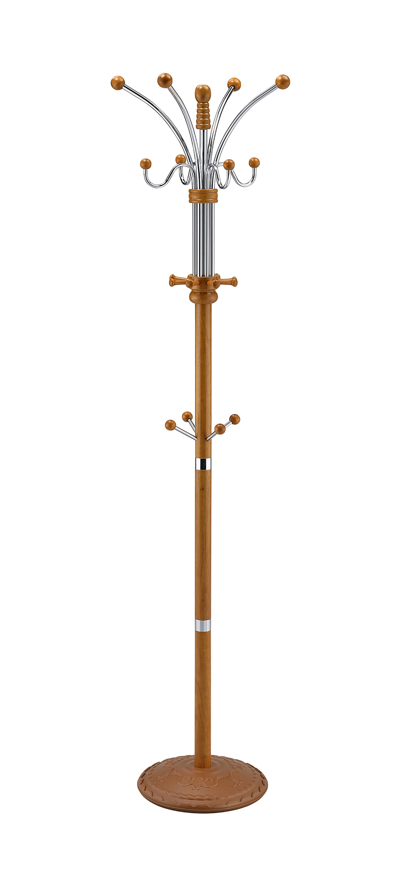 73" Chrome & Wood Coat Rack, Oak Finish