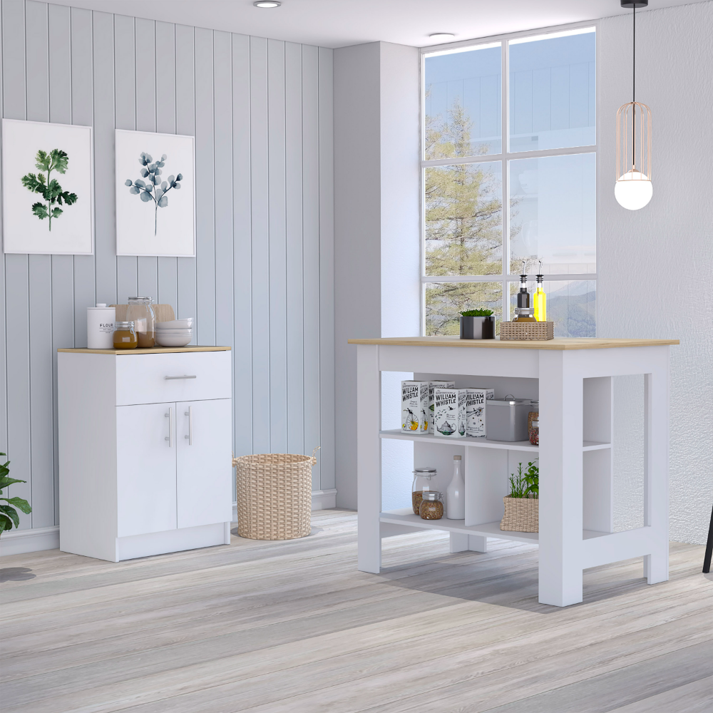 Kitchen Island & Pantry Set | White & Light Oak