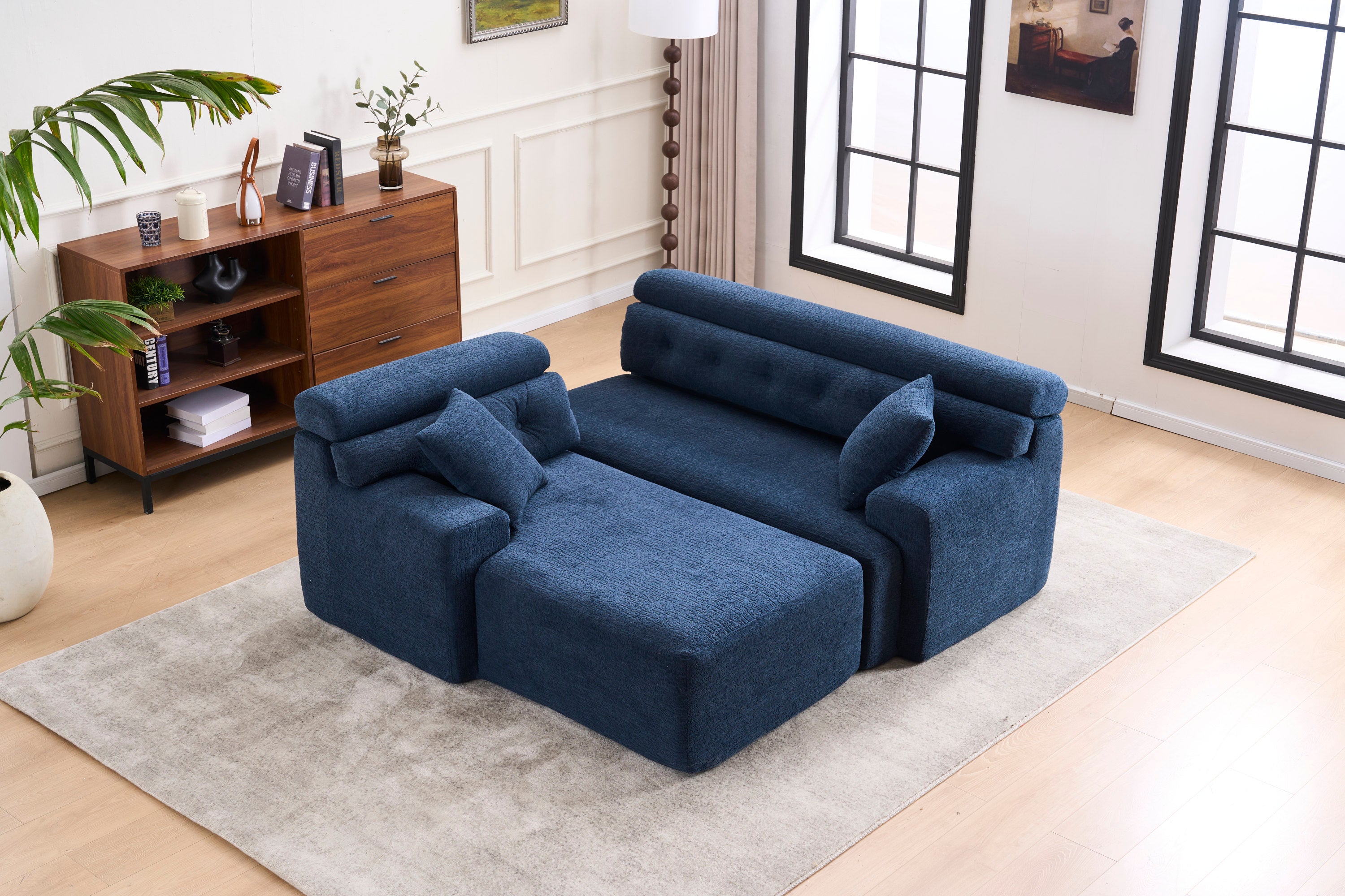 LY-029B Blue Compression Sofa: Chaise & 3-Seater