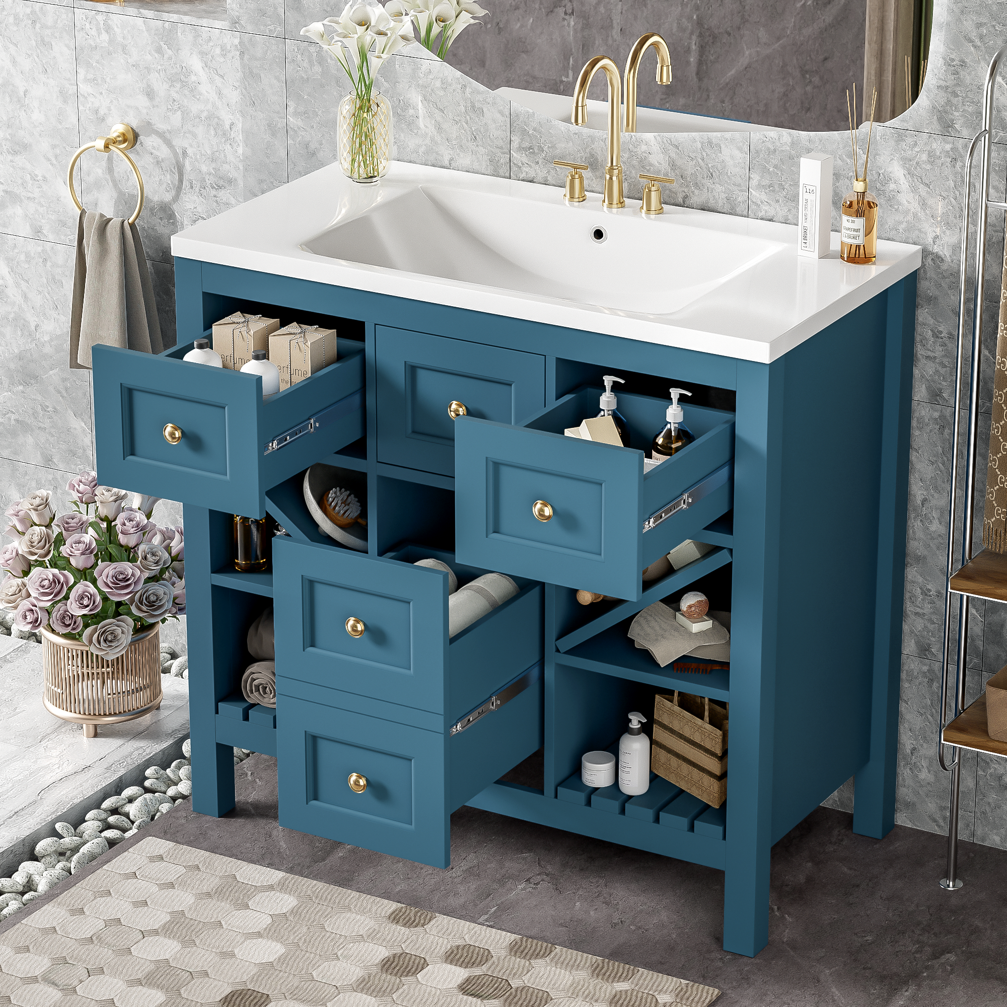 36" Bathroom Vanity Set w/ Resin Sink & 5 Drawers