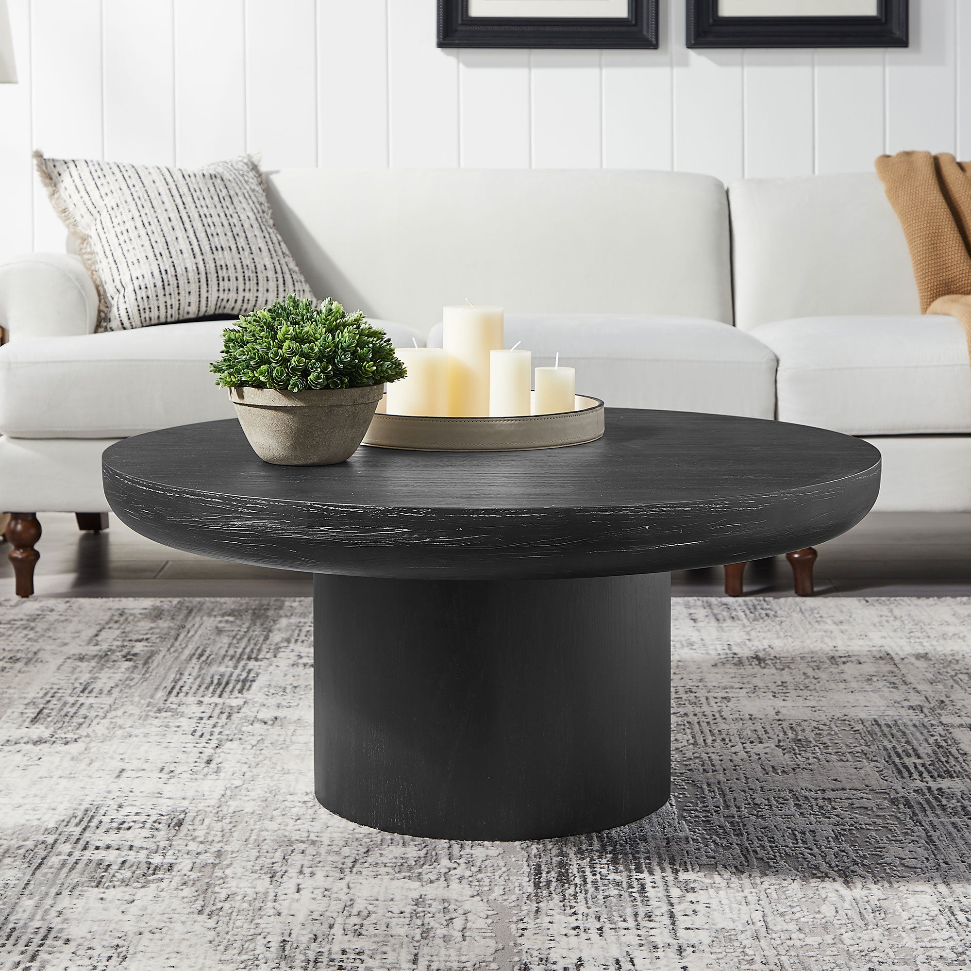 35.98" Round Coffee Table | Wood Veneer Top, Black