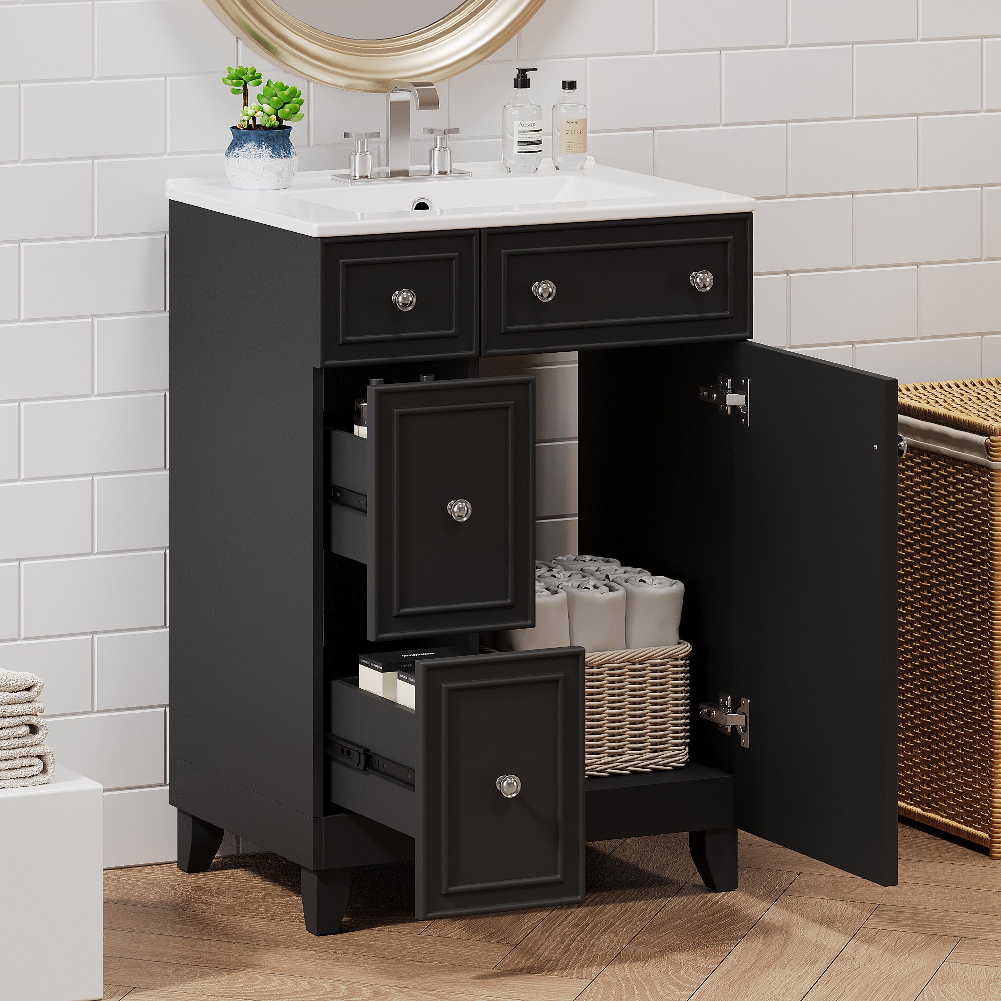 24" Bathroom Vanity: Ceramic Sink, 2 Drawers, Door