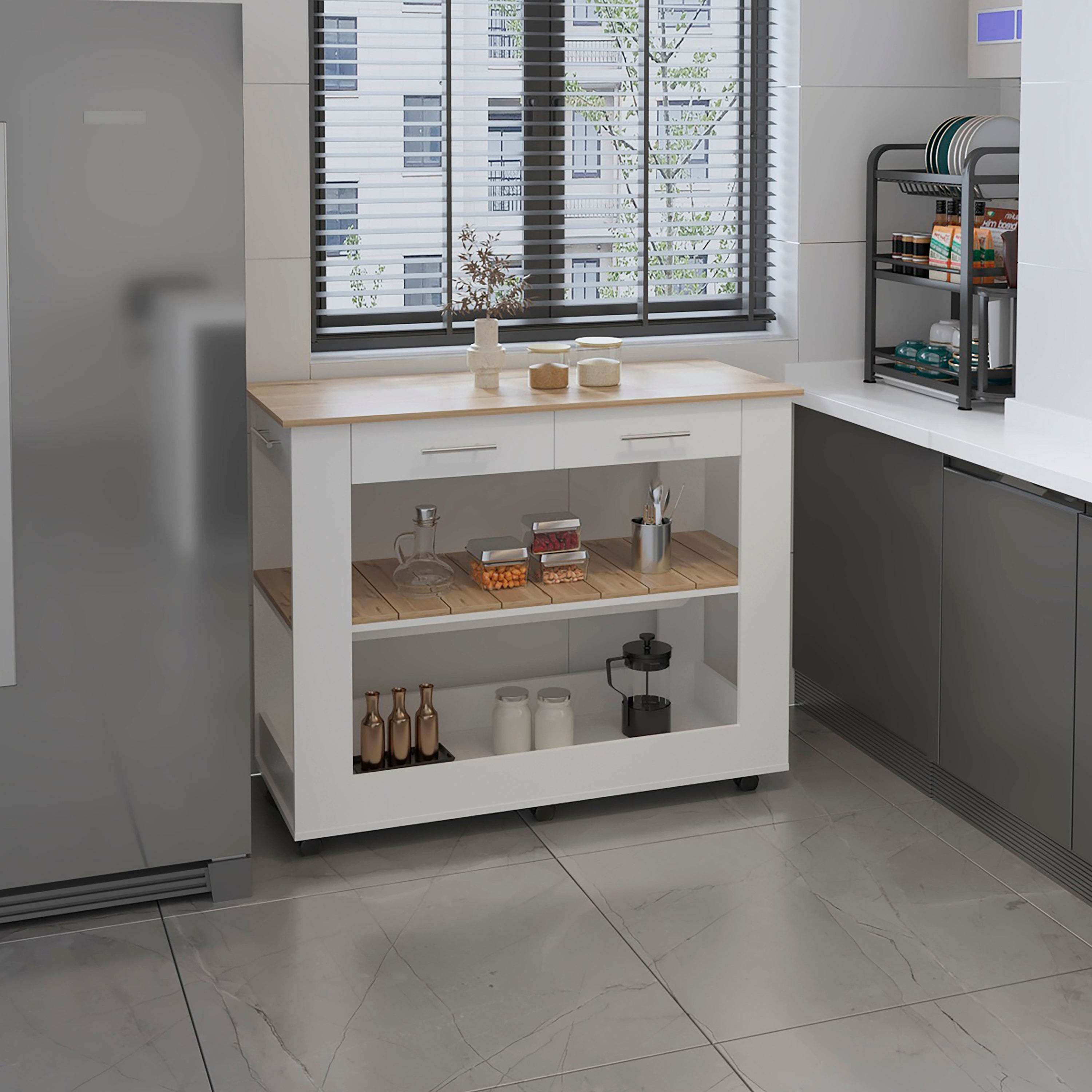 Rockaway Kitchen Island, White & Light Oak, 2 Drawers & Shelves