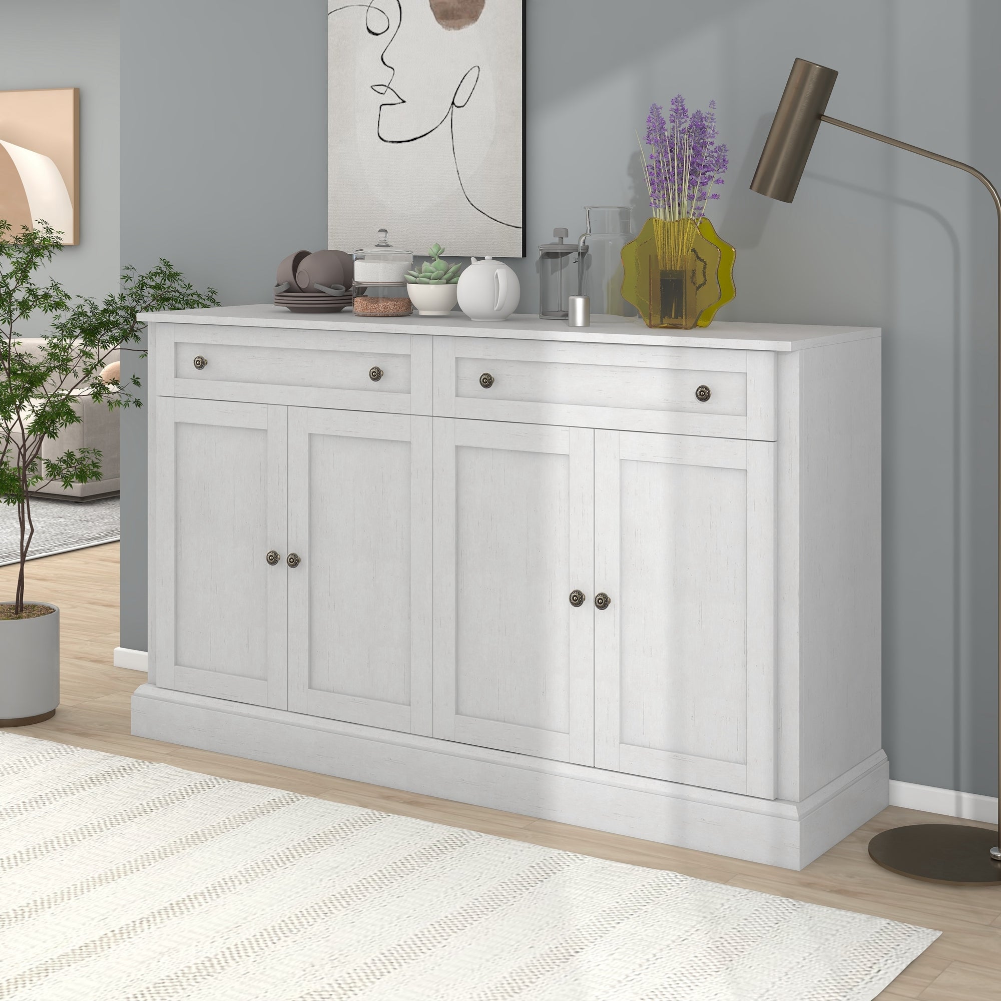 Buffet: Antique White, 2 Drawers, 4 Doors