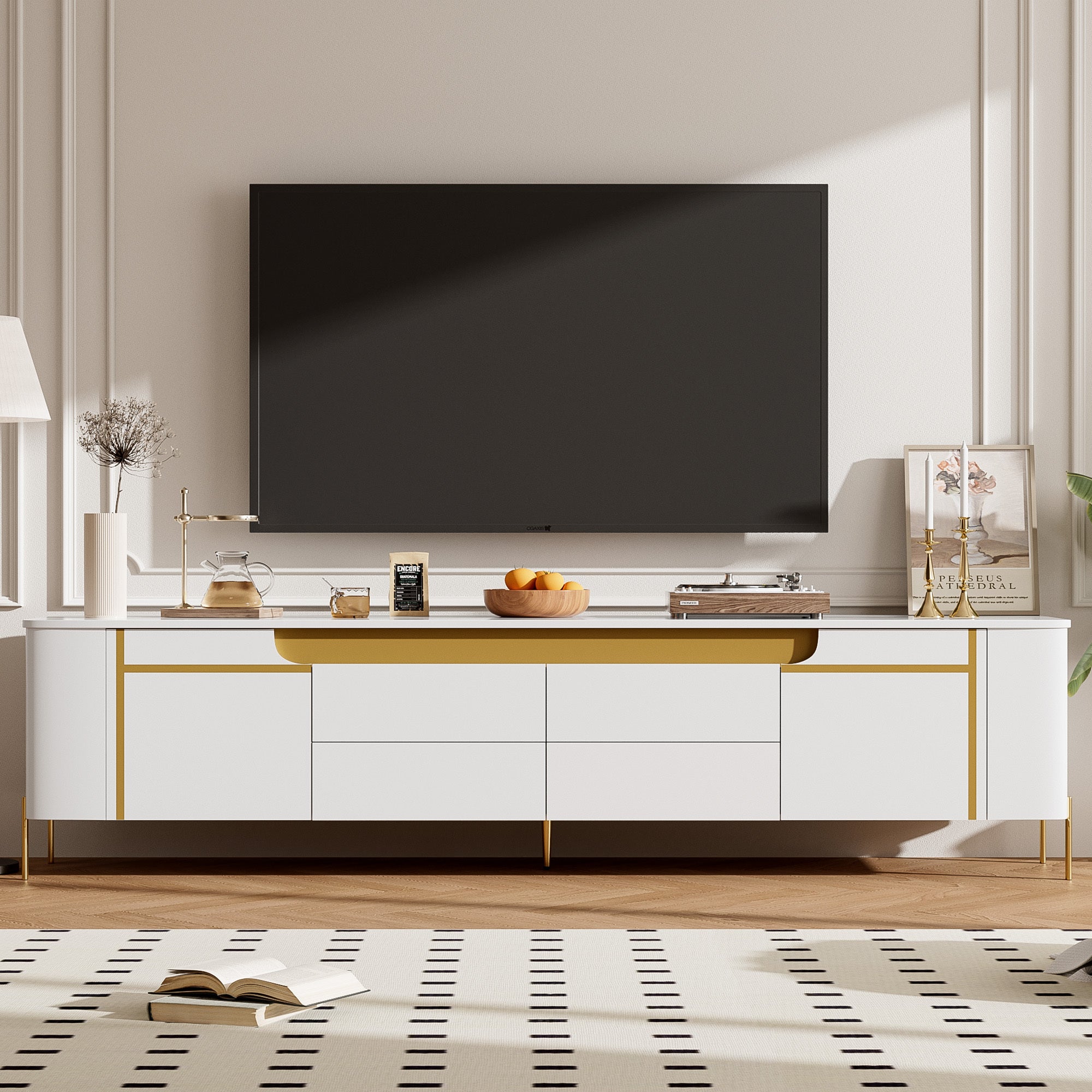 75" TV Stand w/ Drawers & Cabinets, Fits 80" TVs