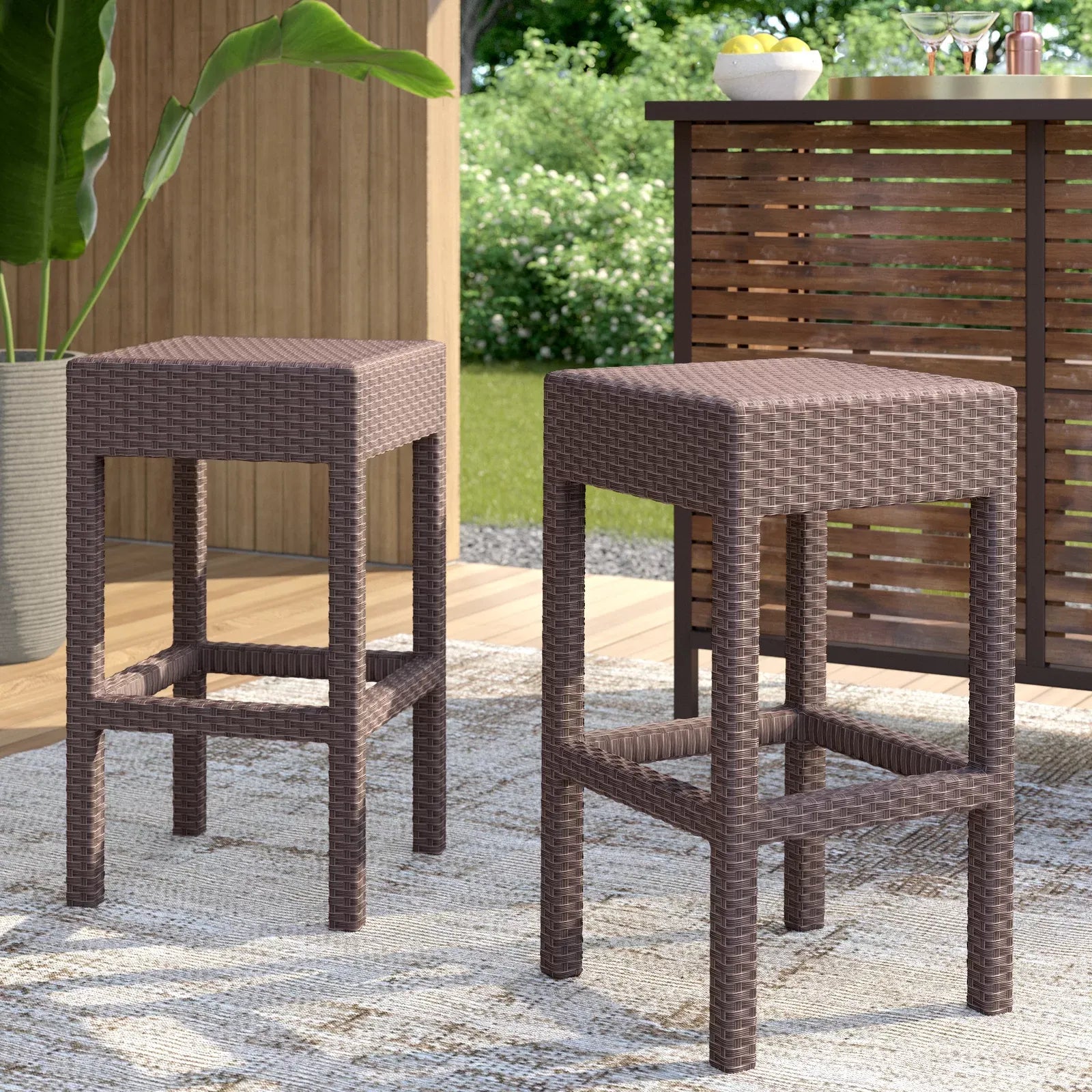 Rattan Bar Stools (Set of 2) - Dark Brown