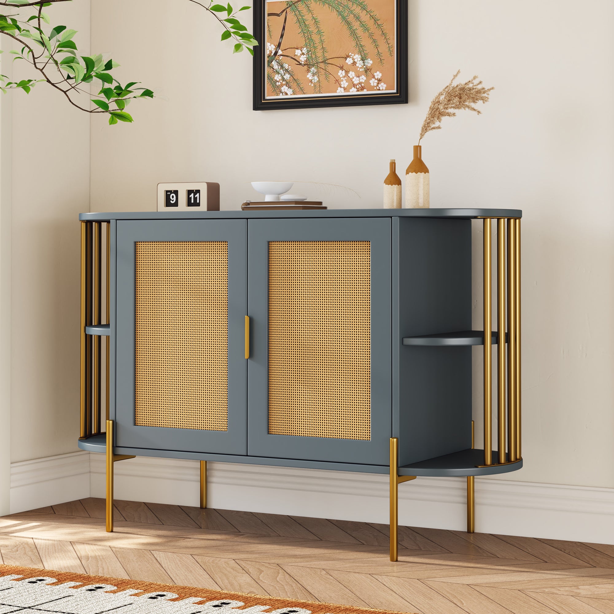 Elegant Curved Dining Cabinet w/ Gold Trim