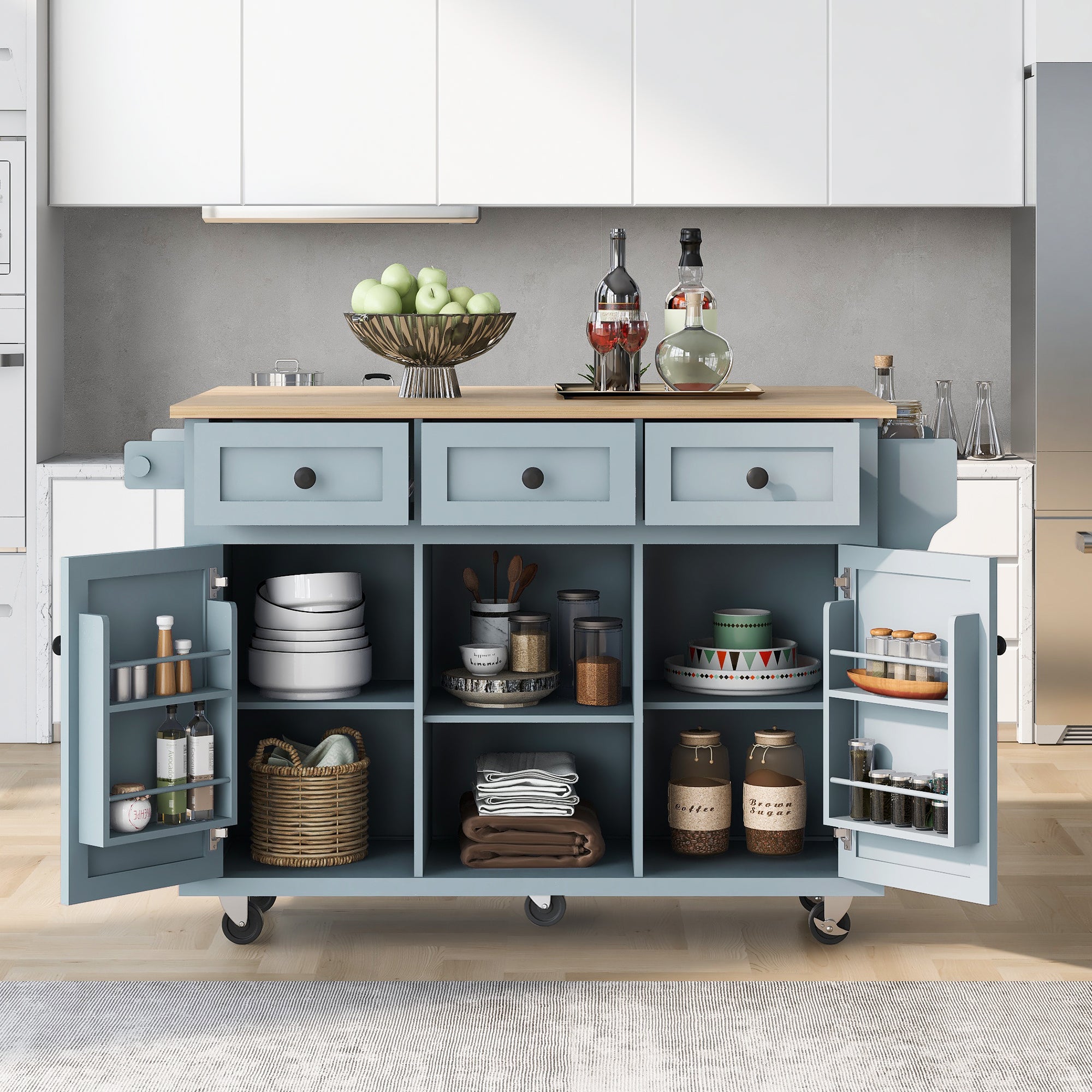 Grey-Blue Kitchen Cart: Drop-Leaf Top, Storage, Wheels