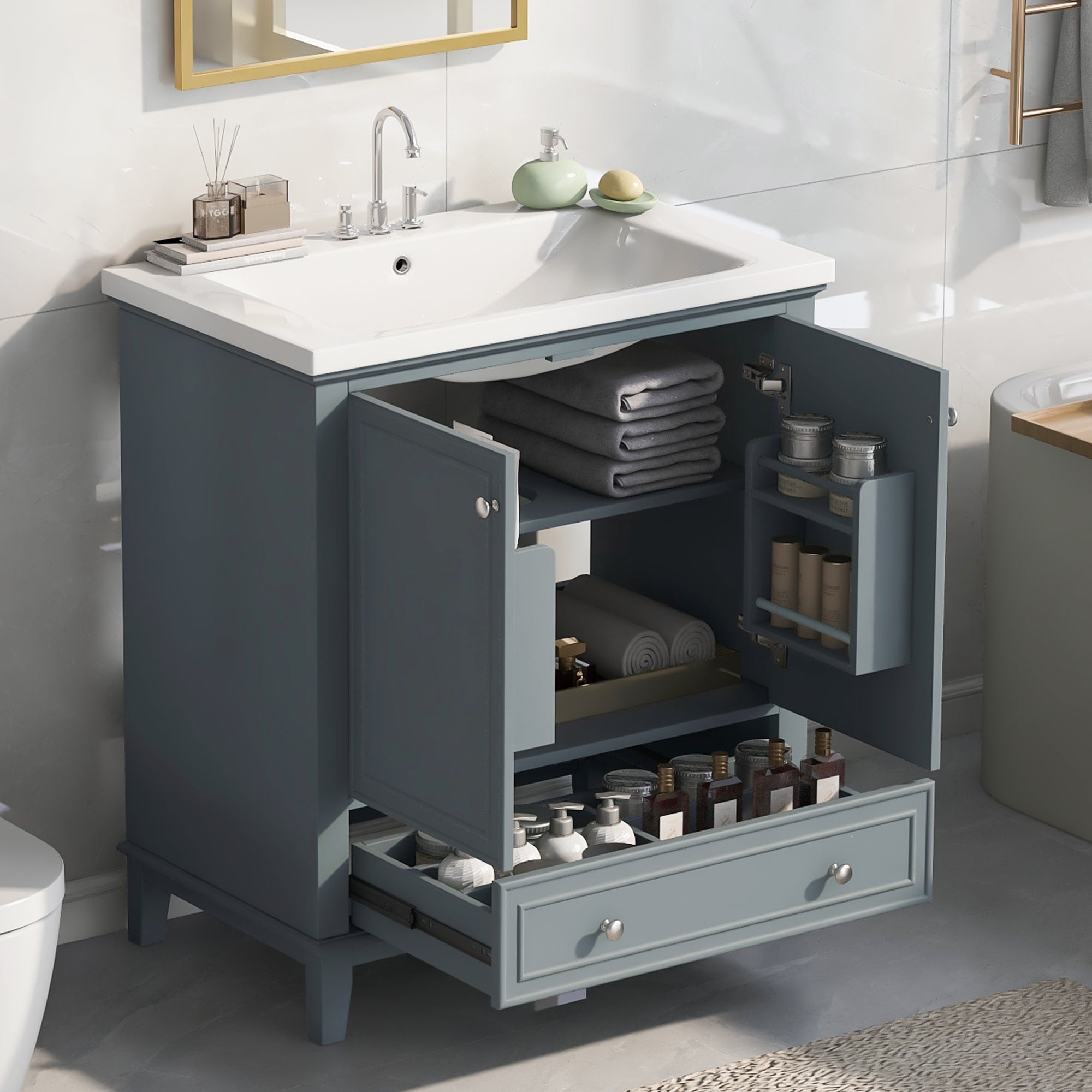 30" Blue Bathroom Vanity w/ Sink, Doors & Drawer