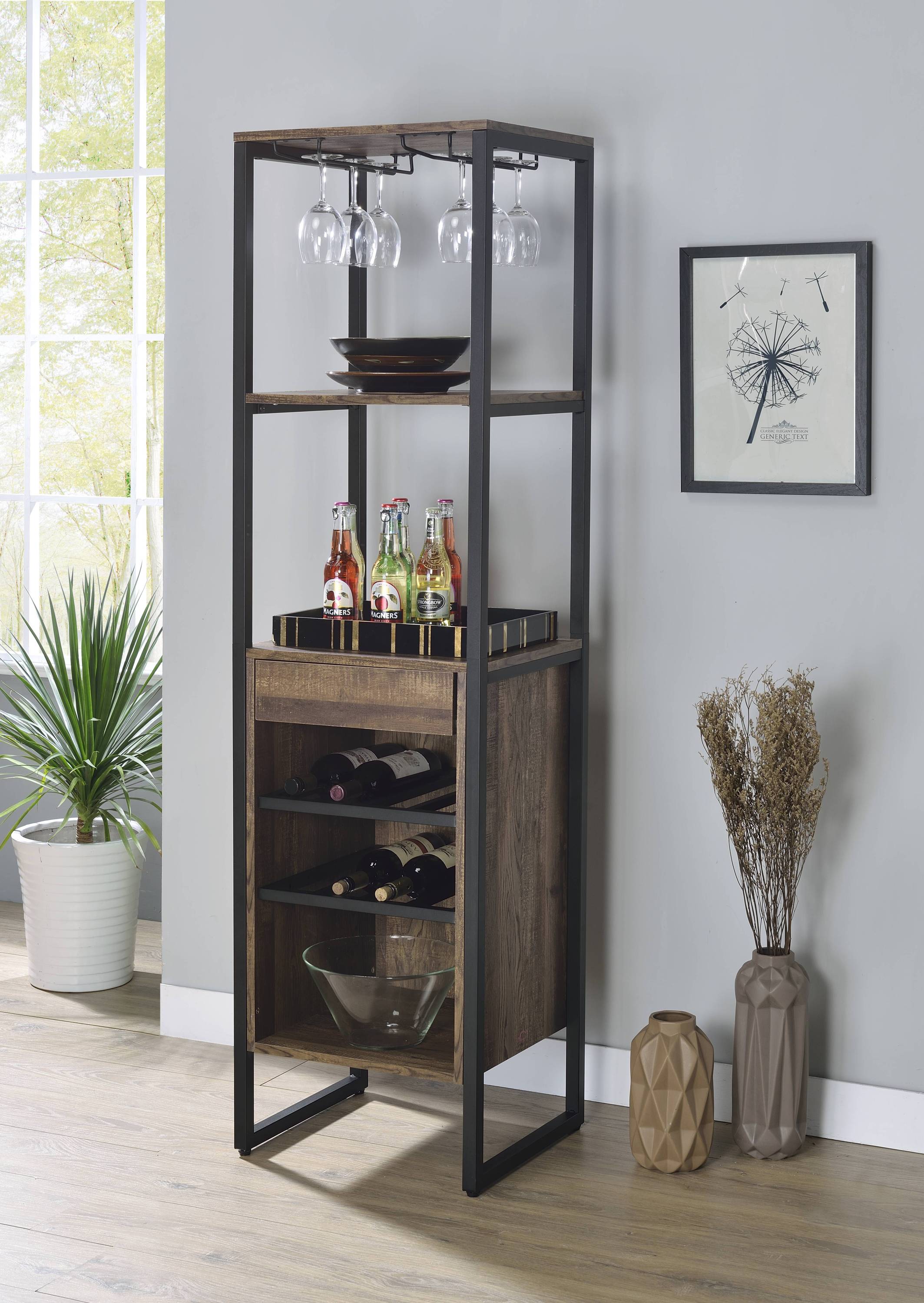 Weathered Oak Wine Rack: Black, 1 Drawer