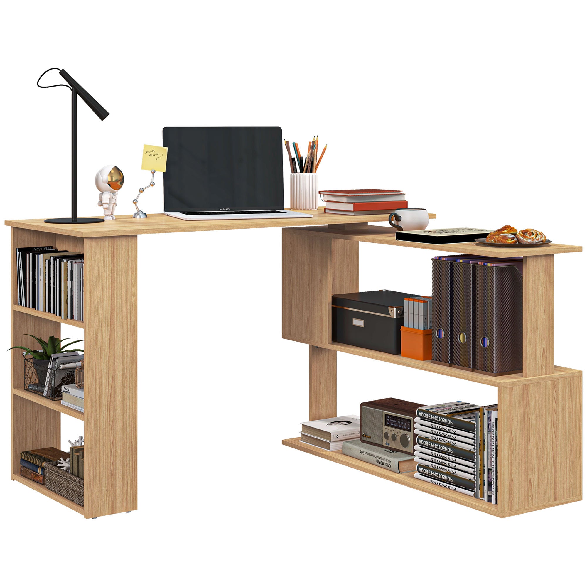 L-Shaped Corner Desk w/ Rotating Top & Shelves - Maple
