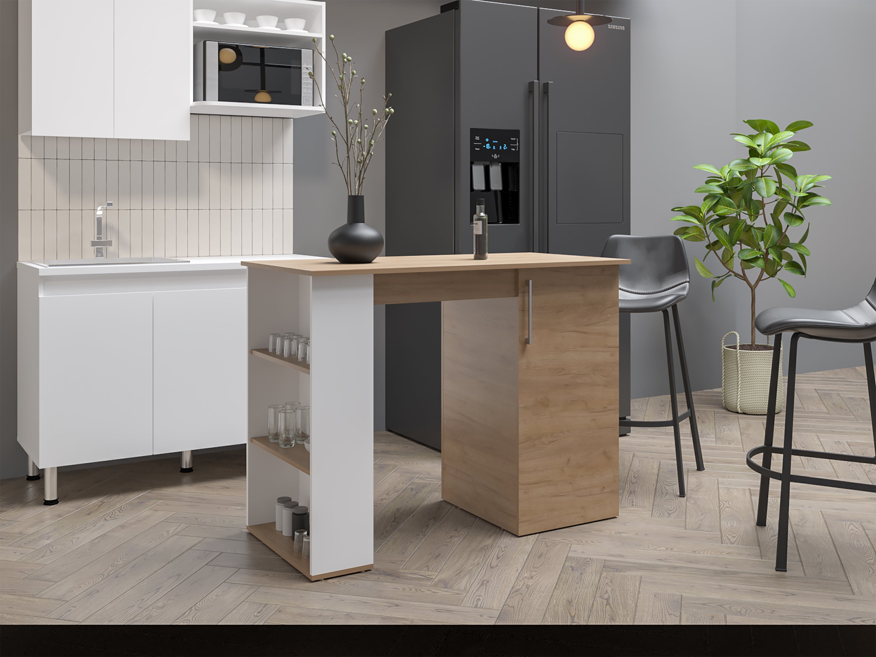 Allen 47" Kitchen Island: Cabinet, Shelves & Bar