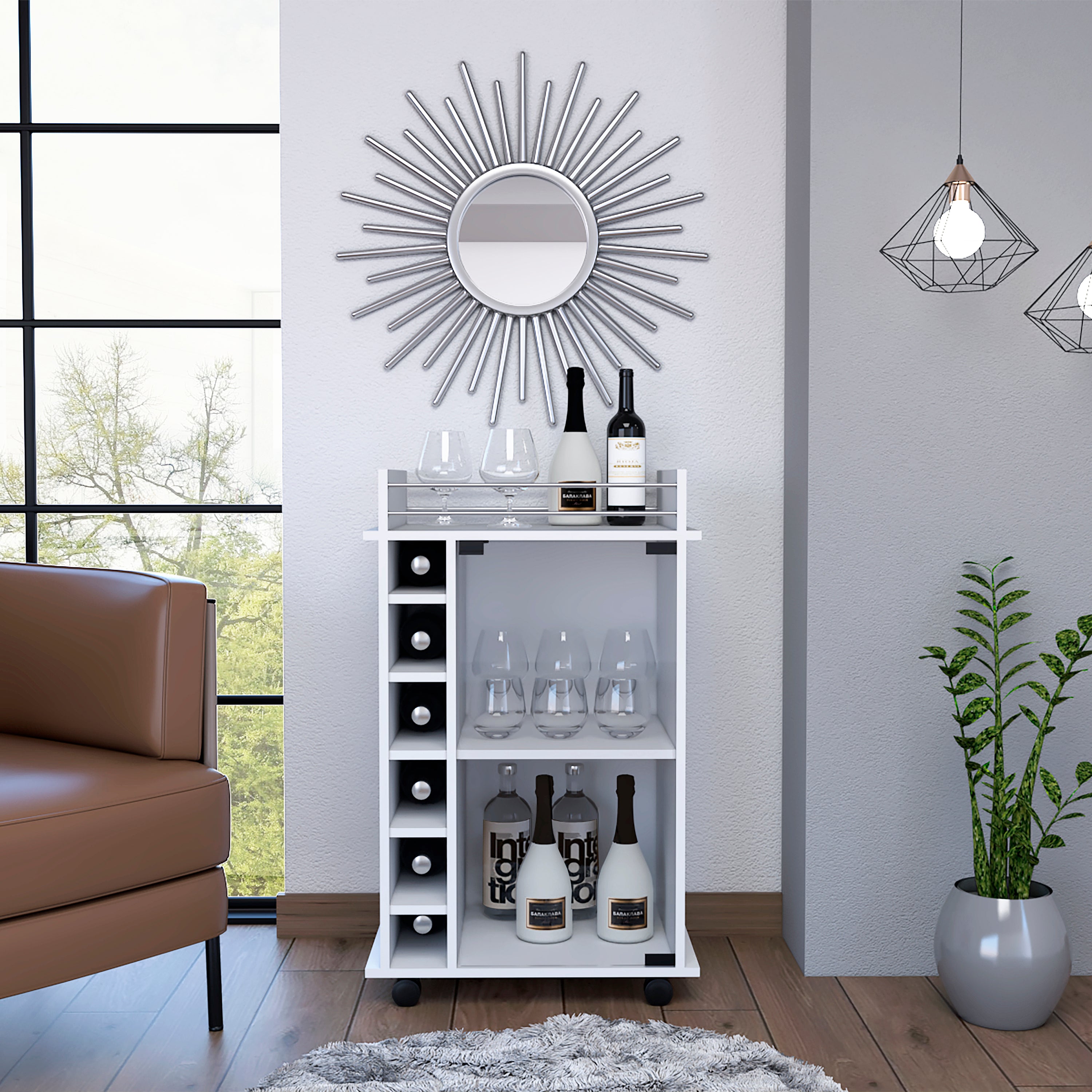 Vegas Bar Cart: 2-Tier, Glass Door, 6 Cubbies