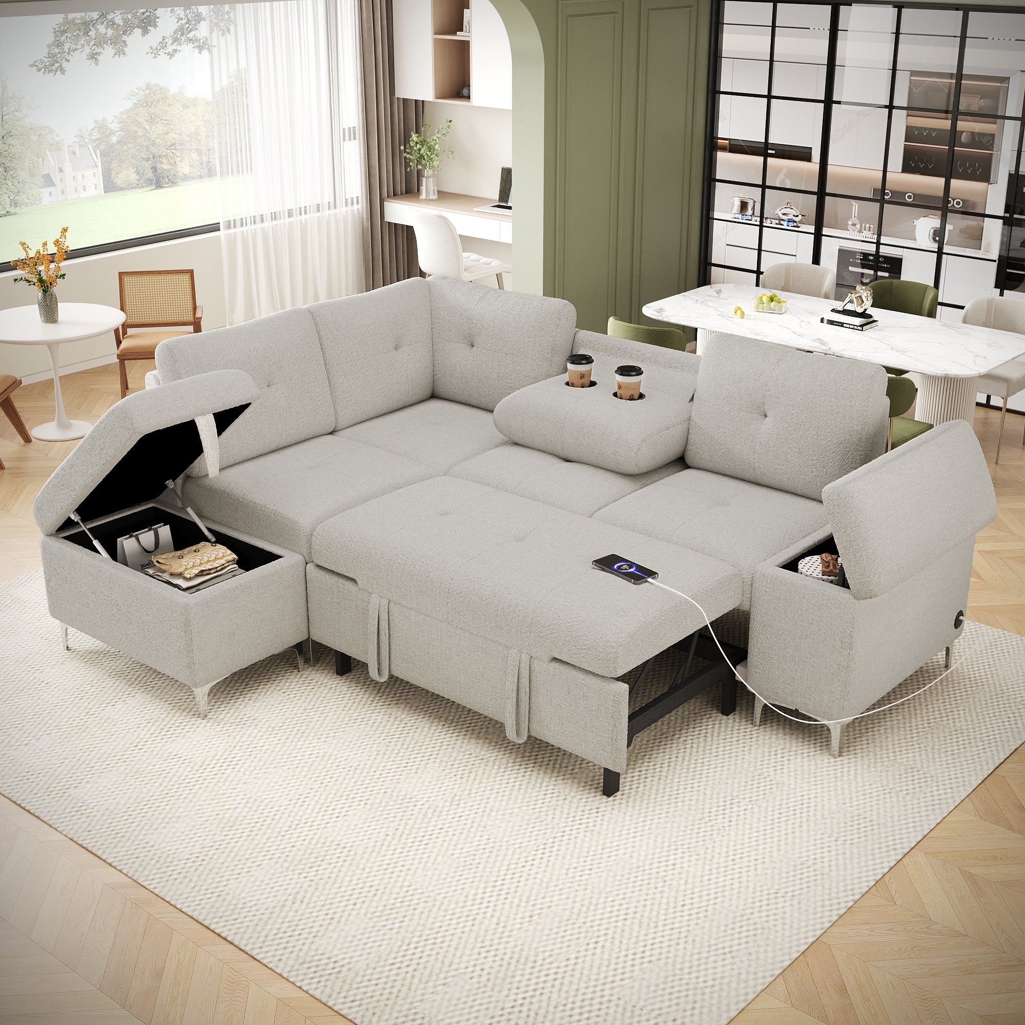Beige L-Shaped Sofa Bed with Storage & USB