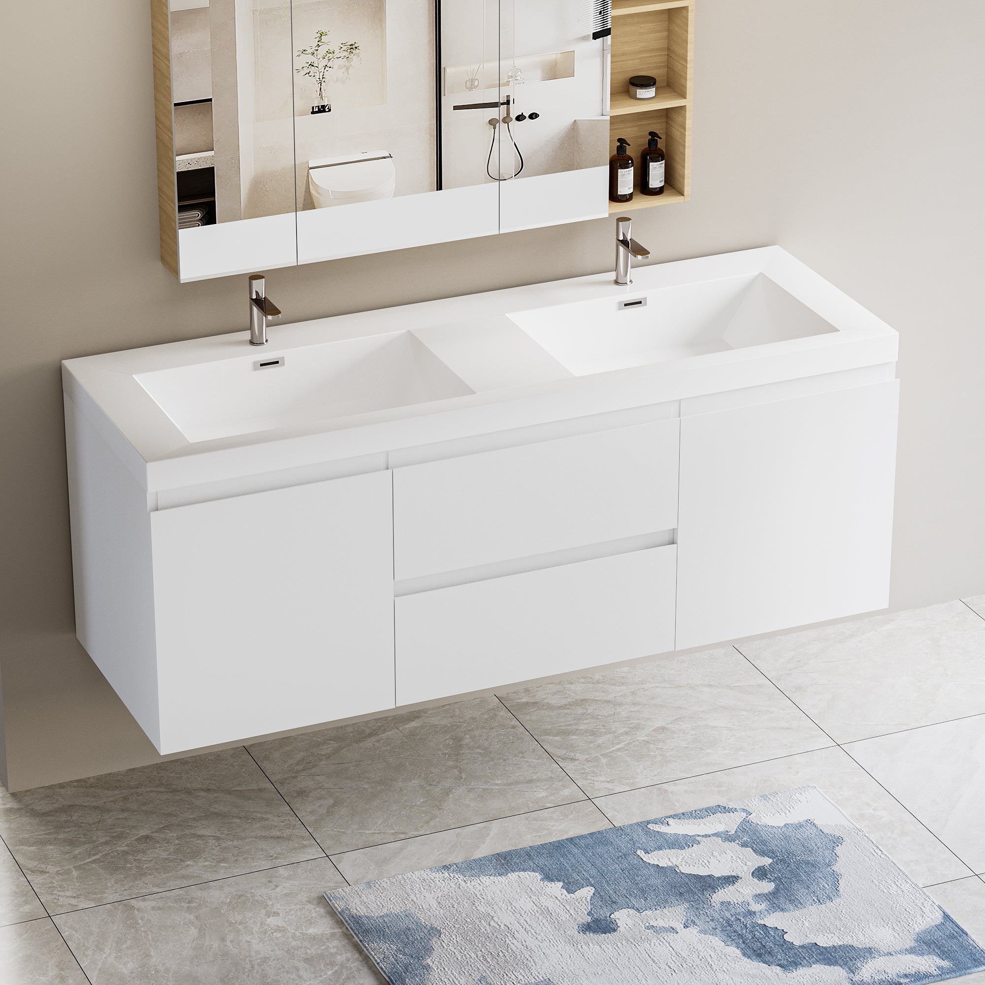 60" Floating Vanity with Double Sink & Drawers