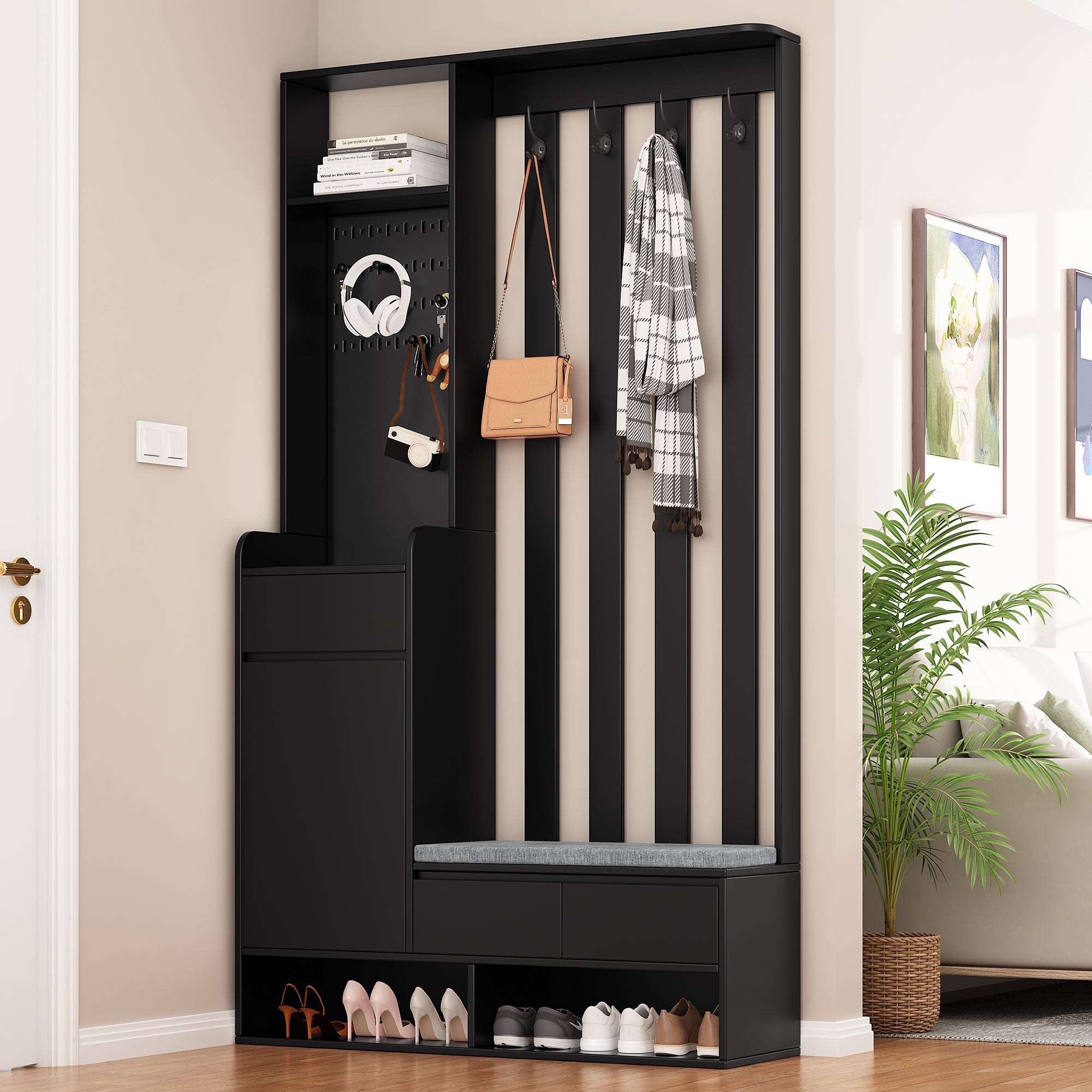 Modern Hall Tree w/ Bench & Storage - Black