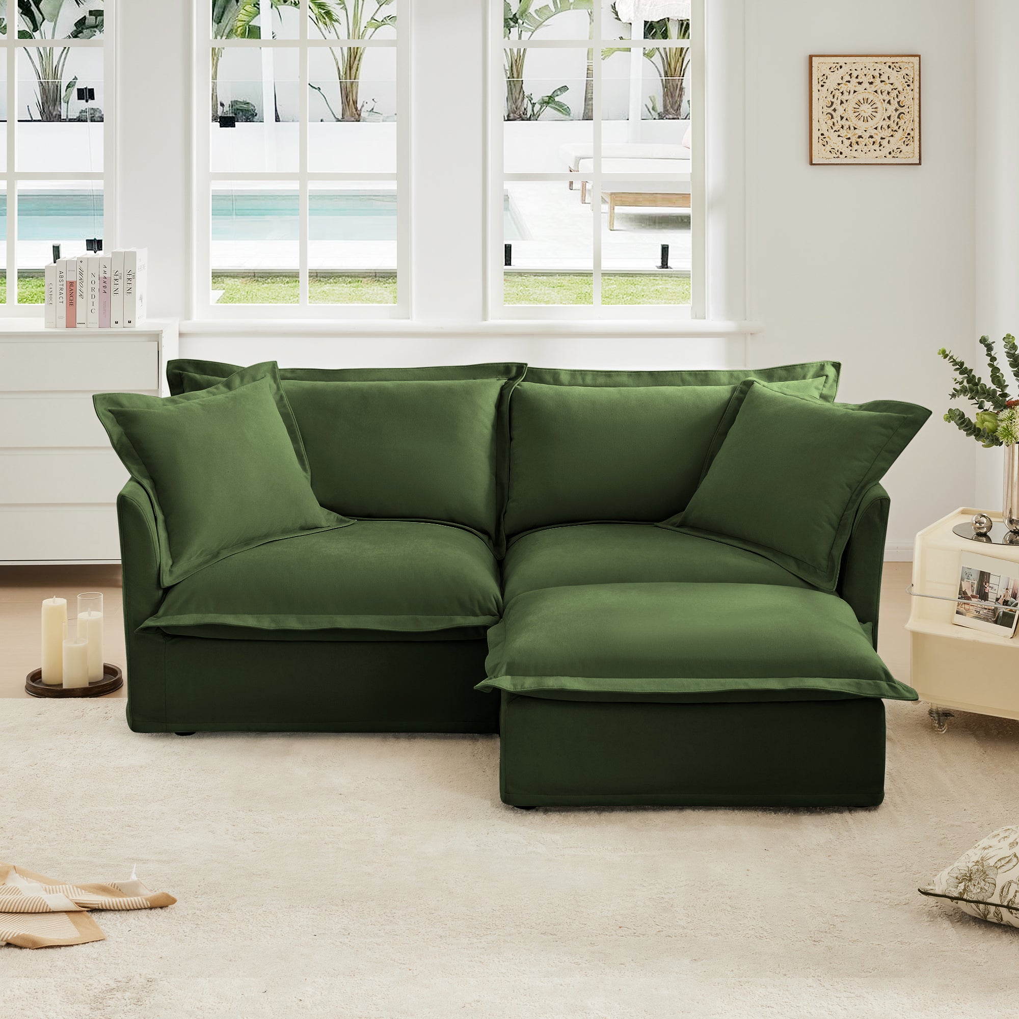 Green Chenille L-Shaped Sectional Sofa with Ottoman