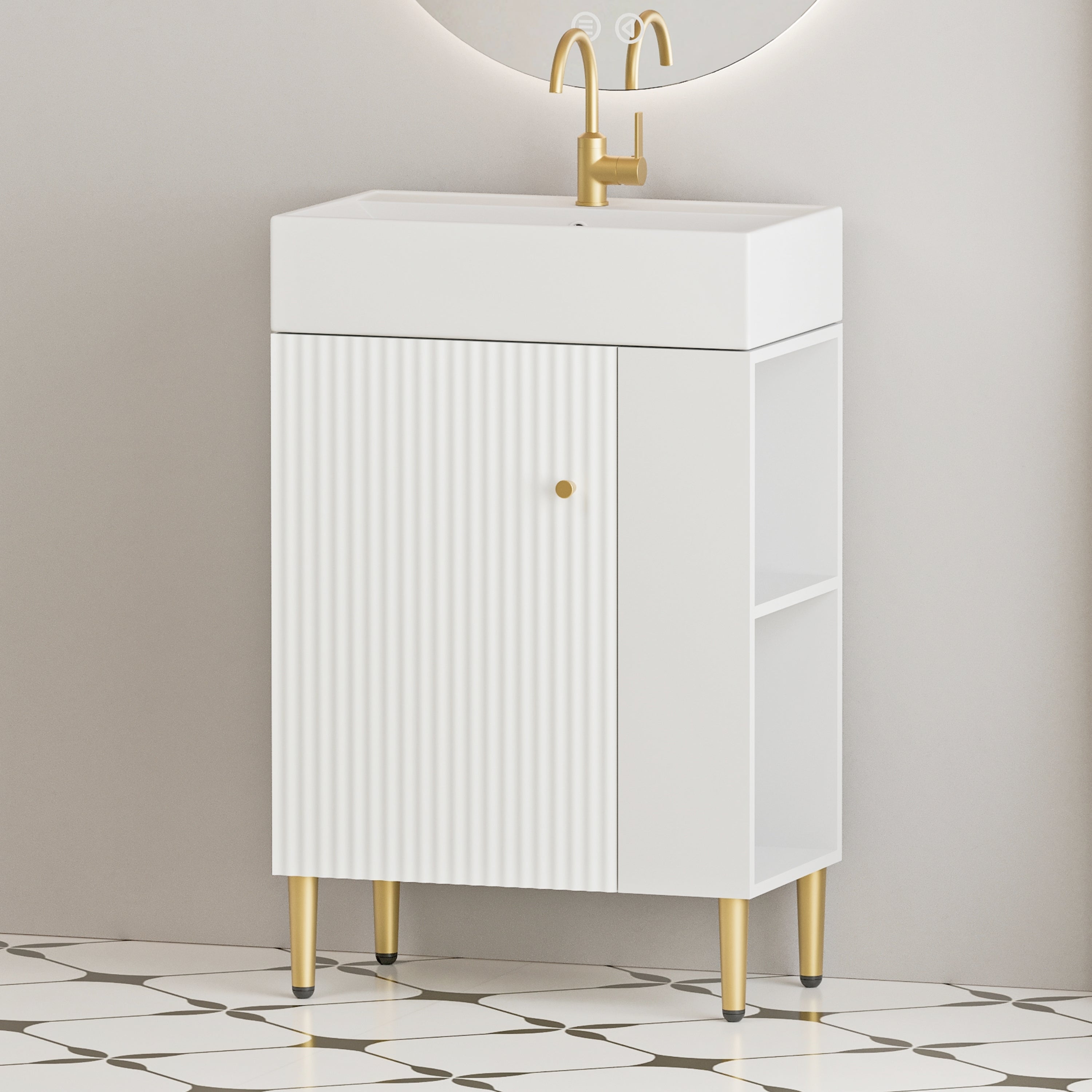 White Bathroom Vanity with Open Shelving & Sink