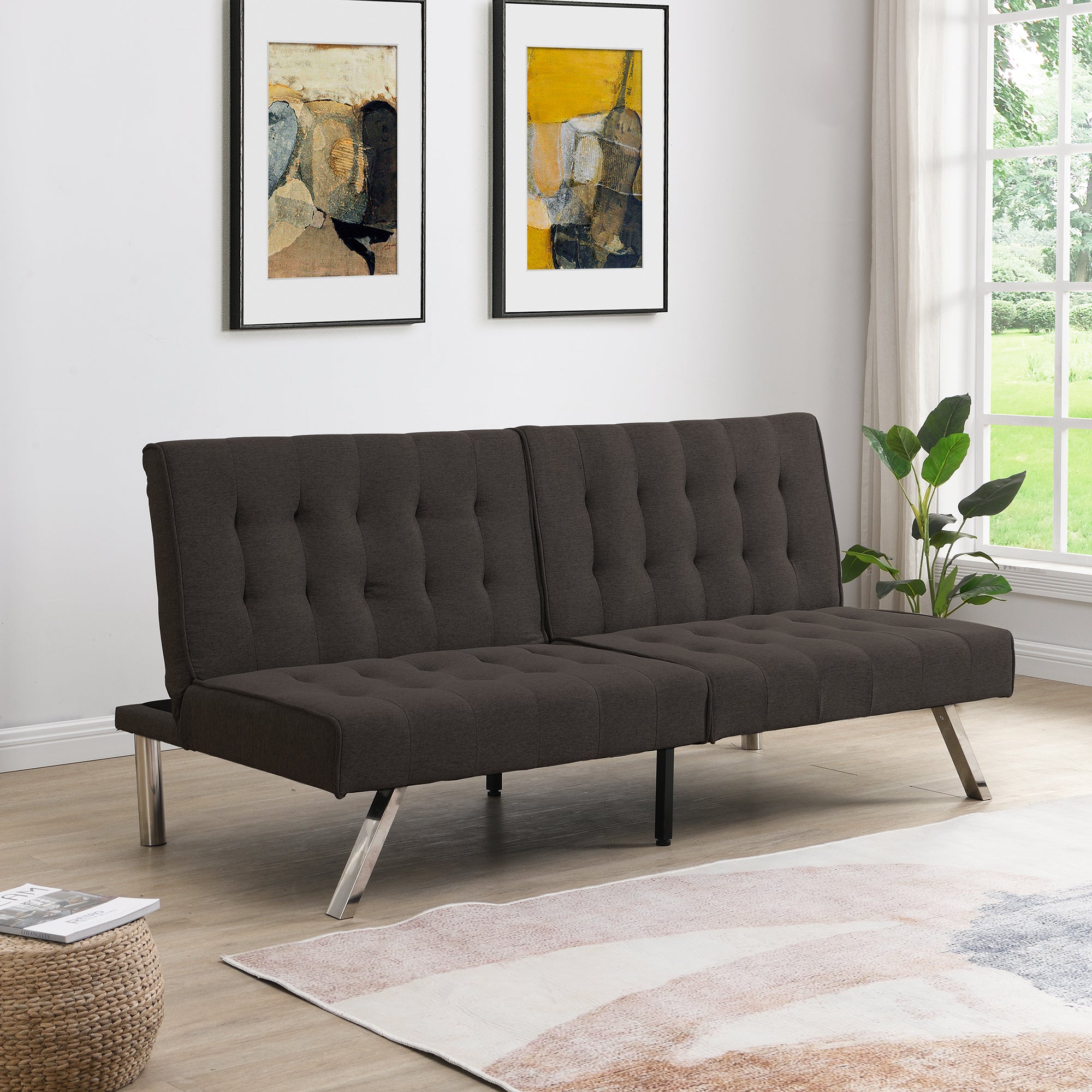 Espresso Futon Sofa Bed: Wood Frame, Stainless Legs