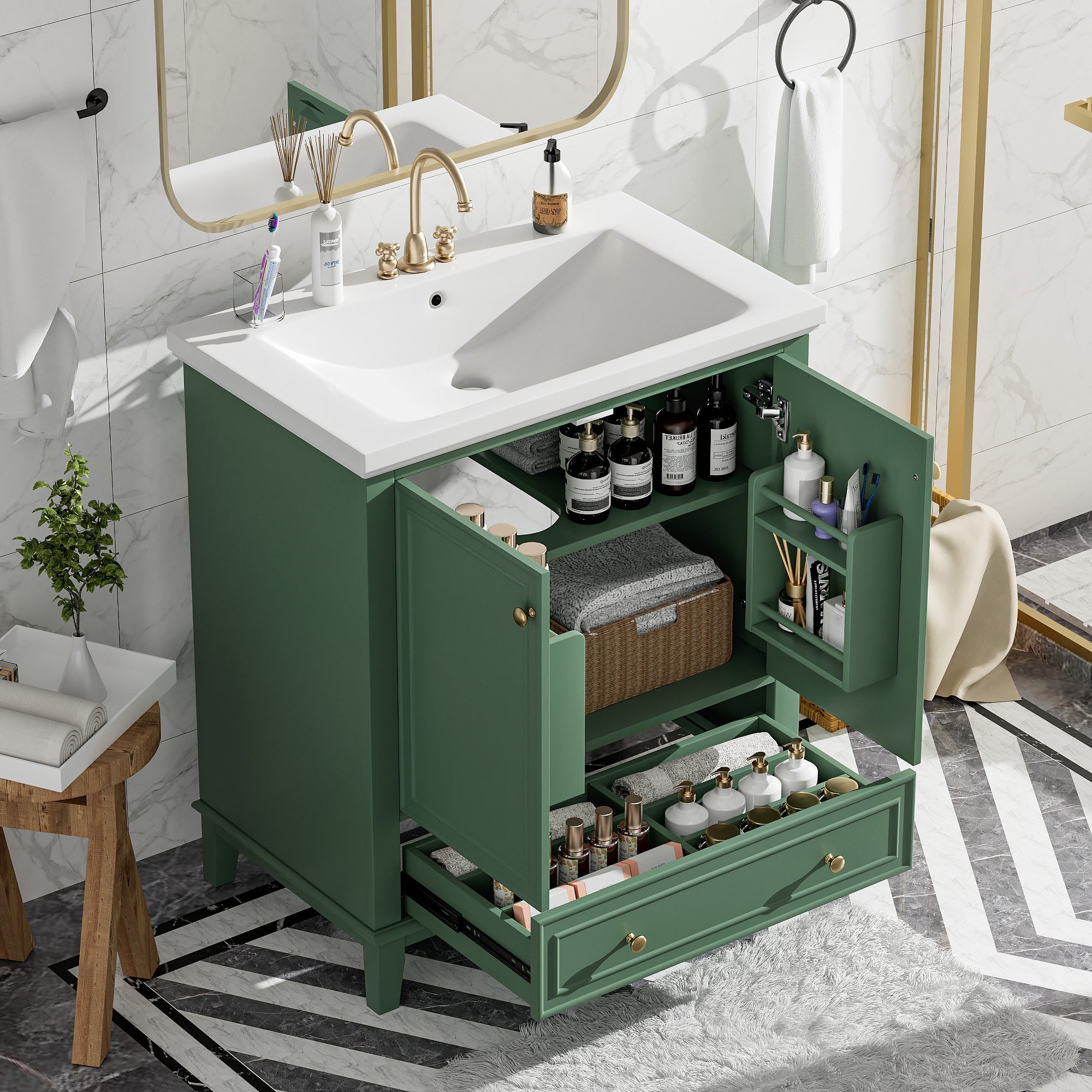 30" Dark Green Vanity: Sink, Doors & Drawer