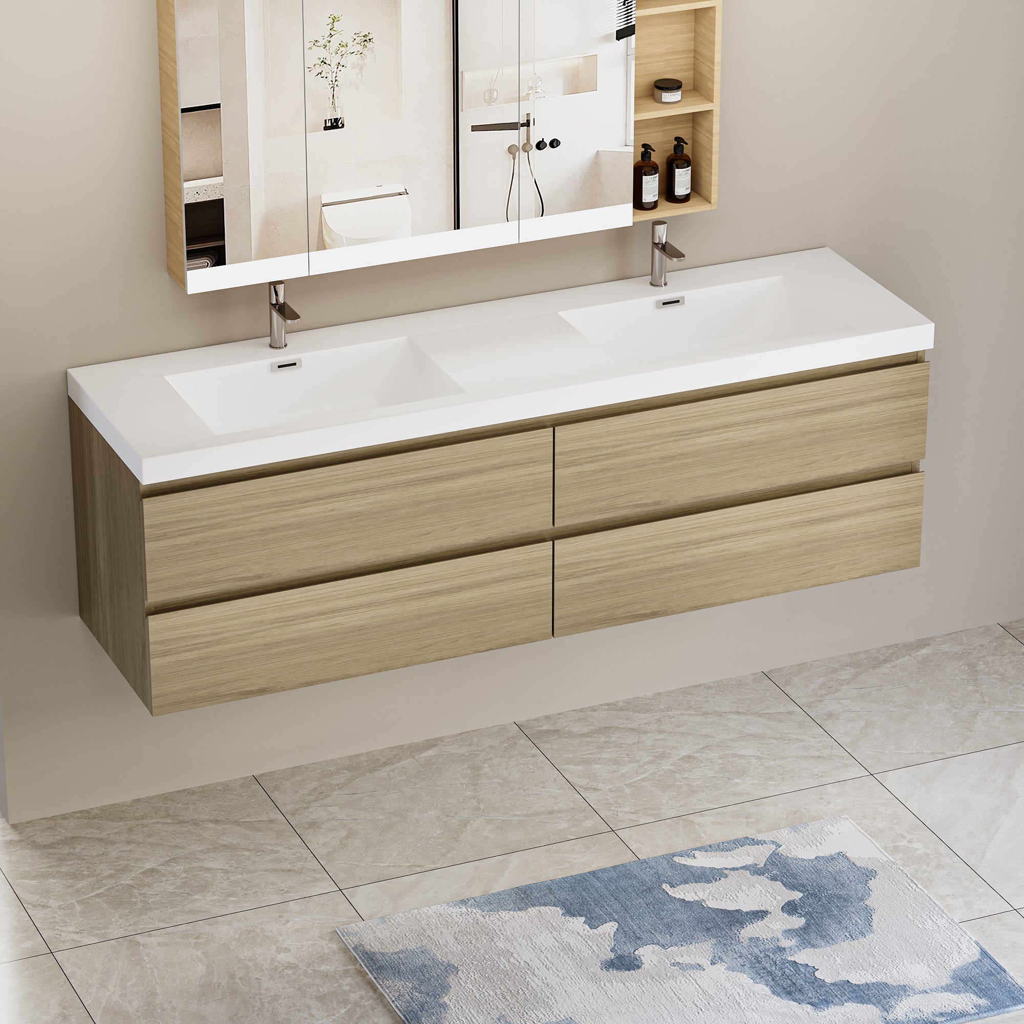 72" Floating Oak Bathroom Vanity with Sink