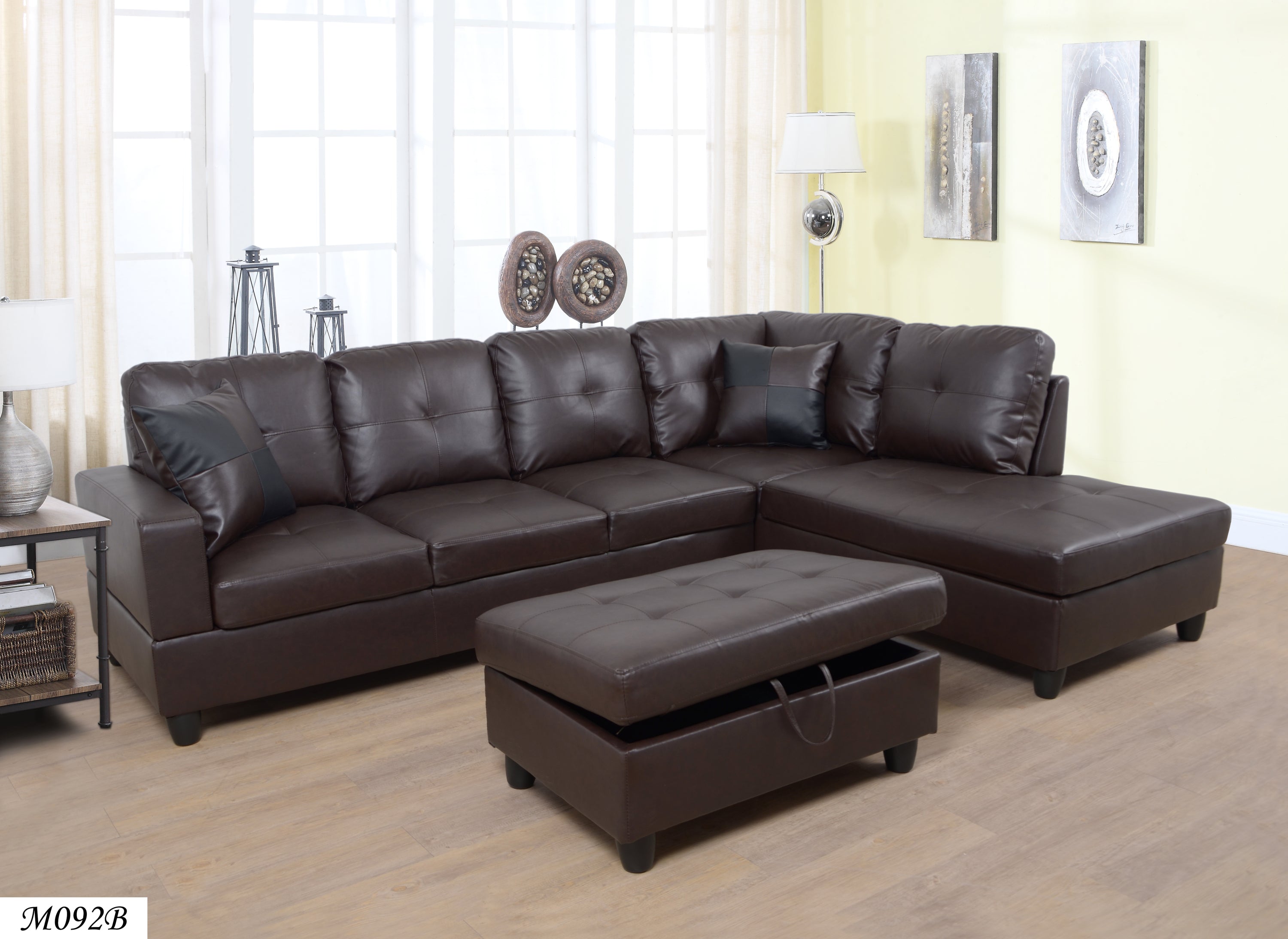 3-Piece Sectional Sofa Set, Brown Faux Leather, Left Chaise, Ottoman