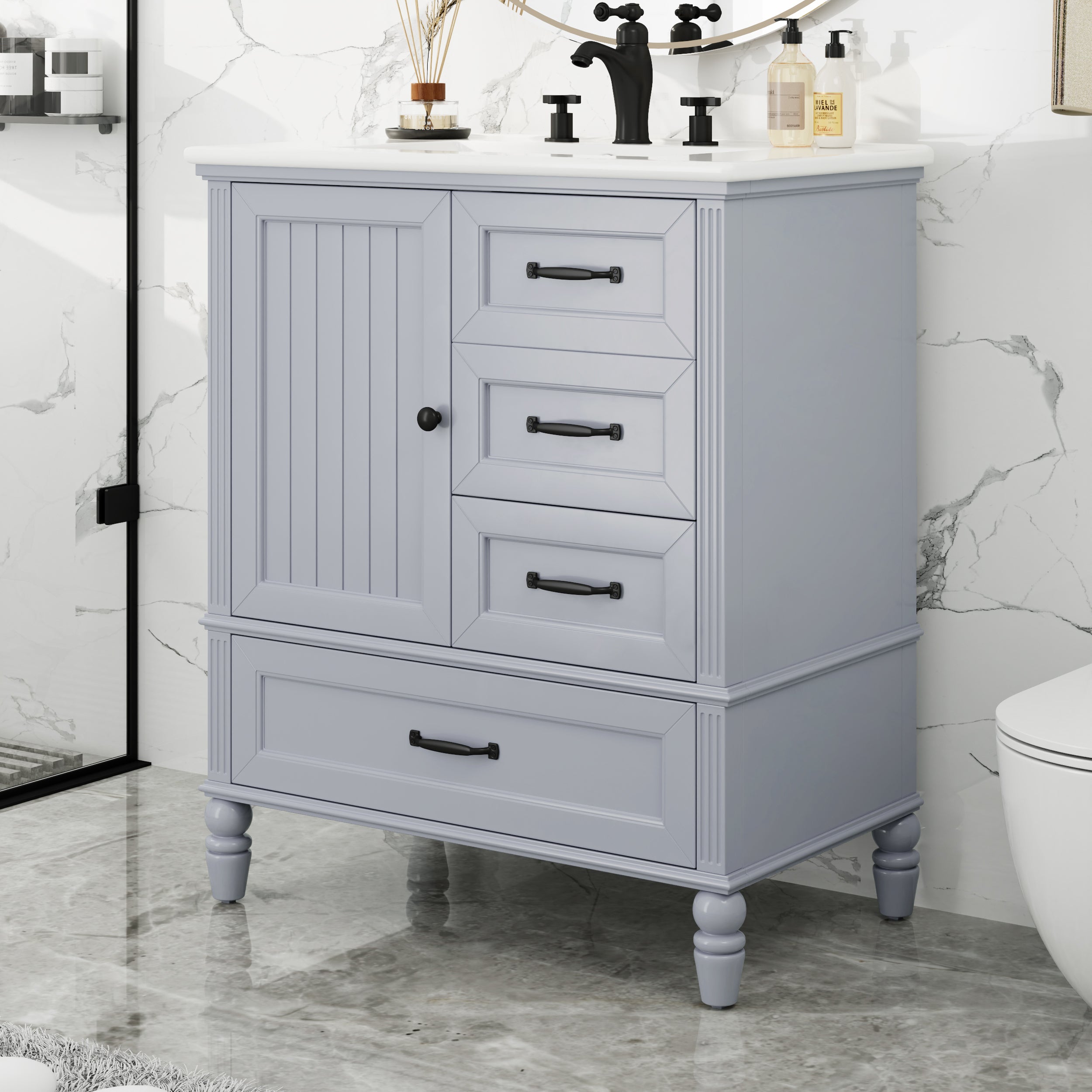 Grey 30" Bathroom Vanity with Sink & 3 Drawers
