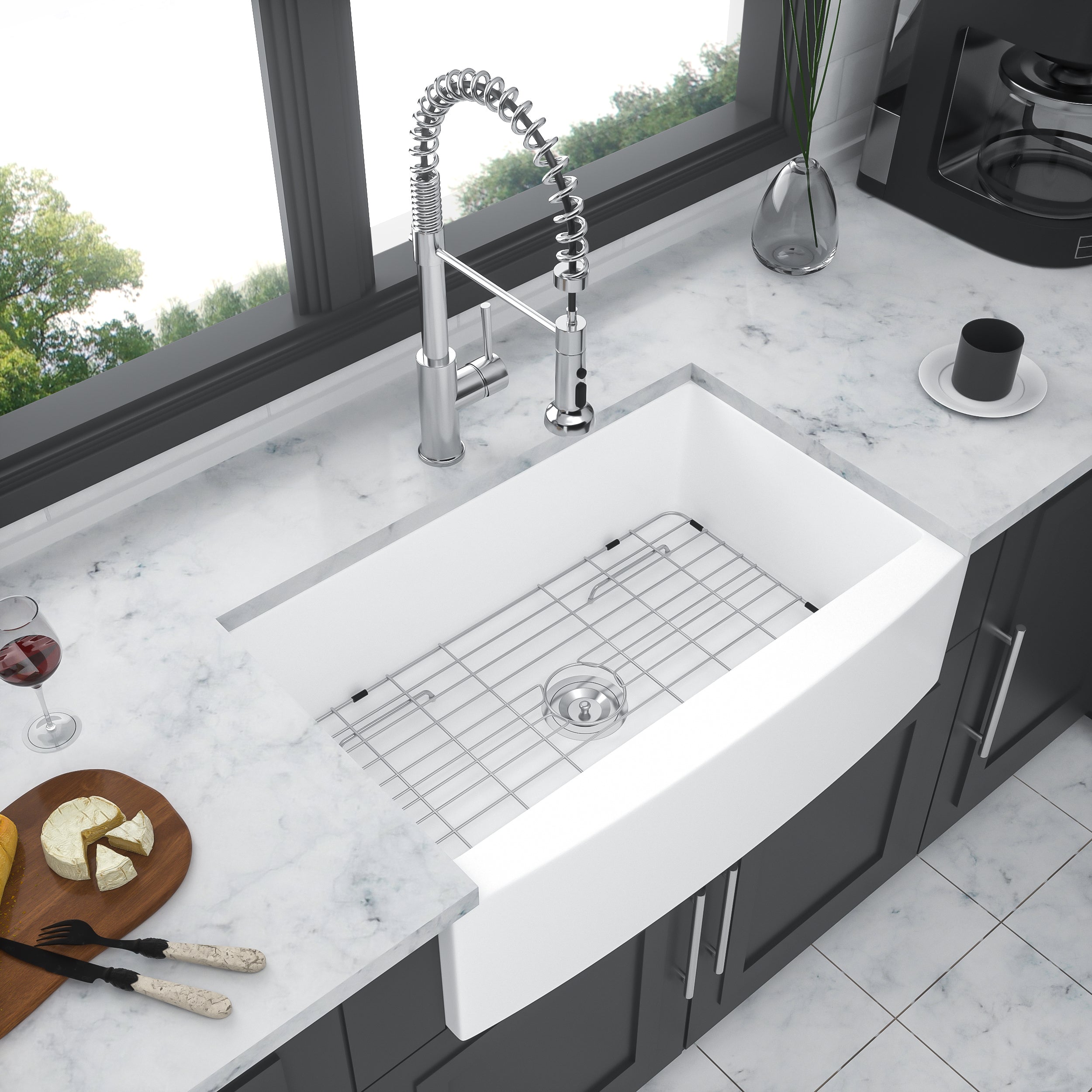 33" White Farmhouse Kitchen Sink: Apron Front