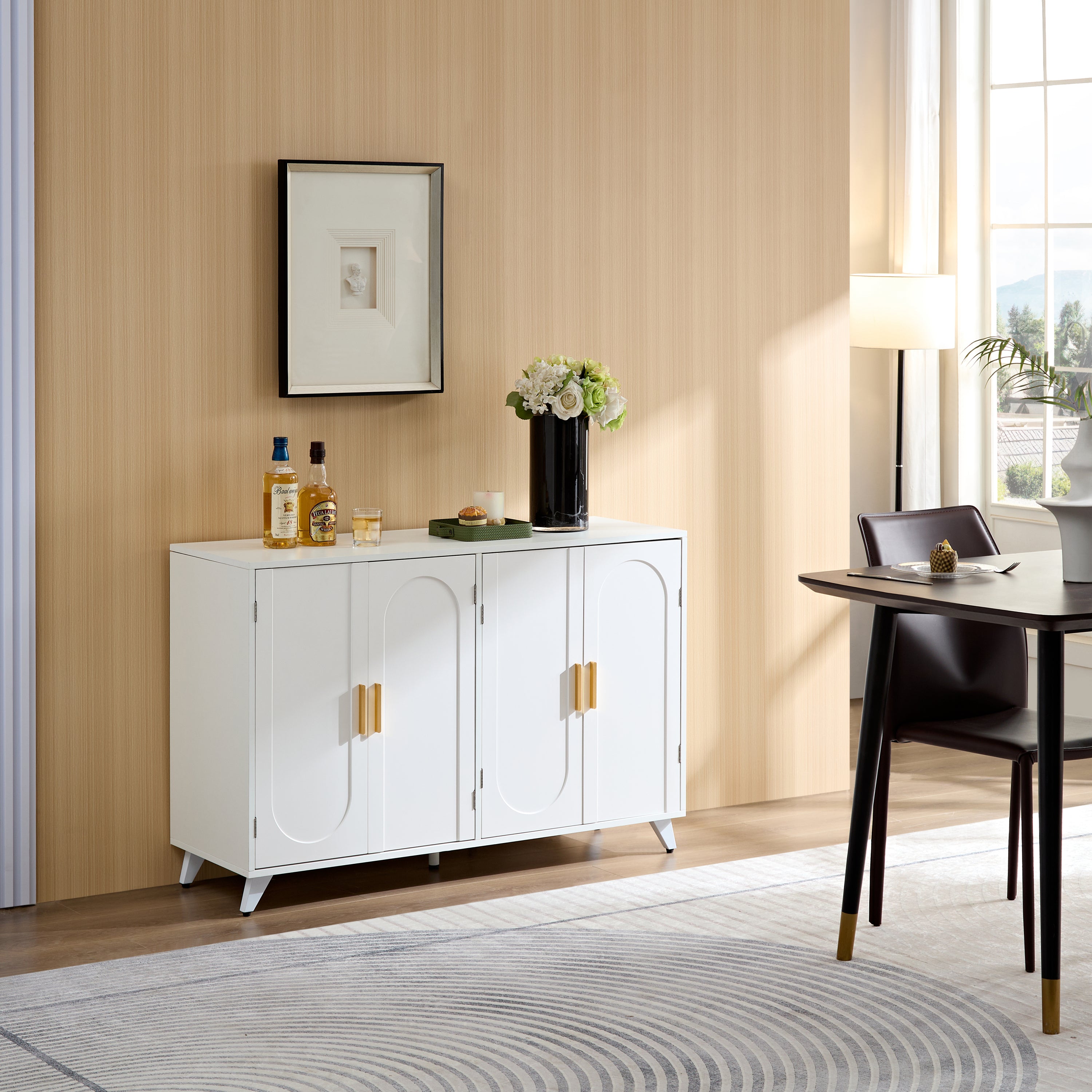 Ivory White Sideboard Buffet: 4 Doors, Removable Shelves