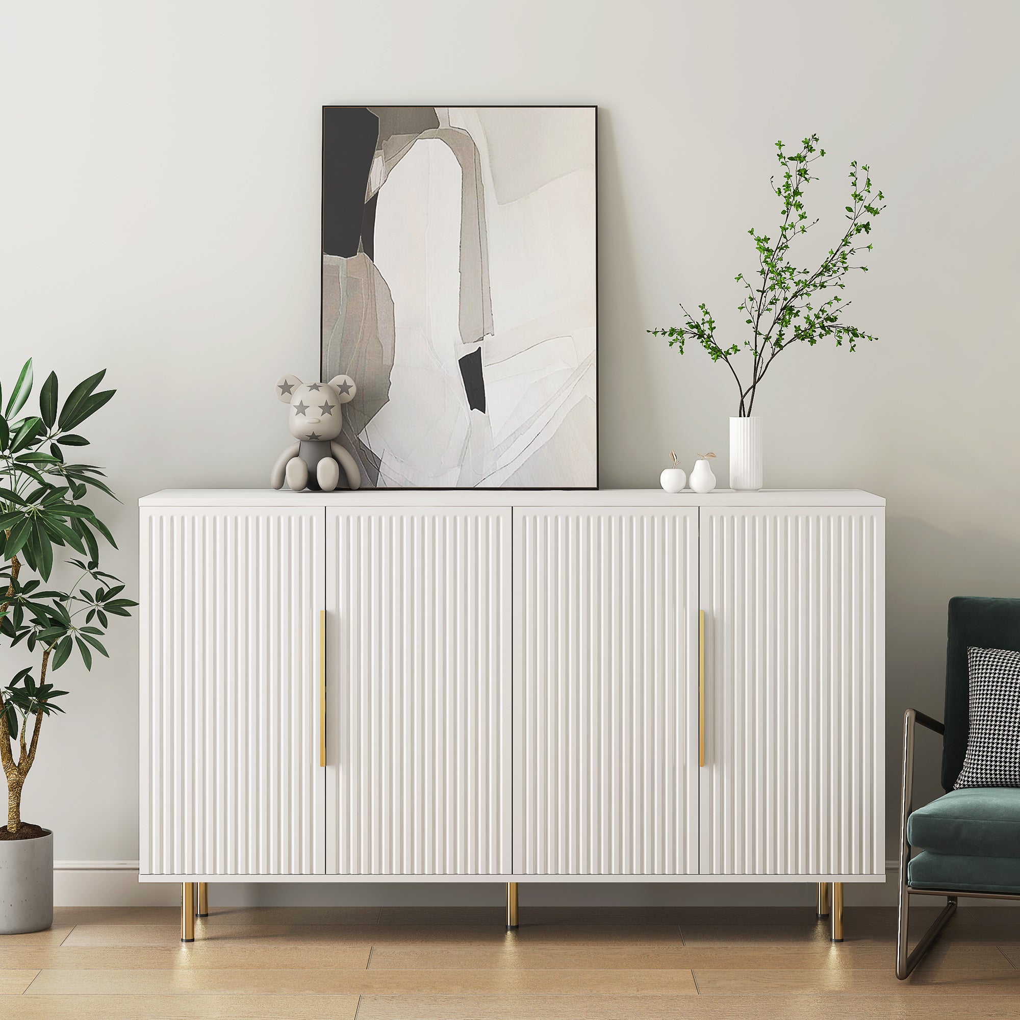 Modern White Buffet Cabinet with Adjustable Shelves