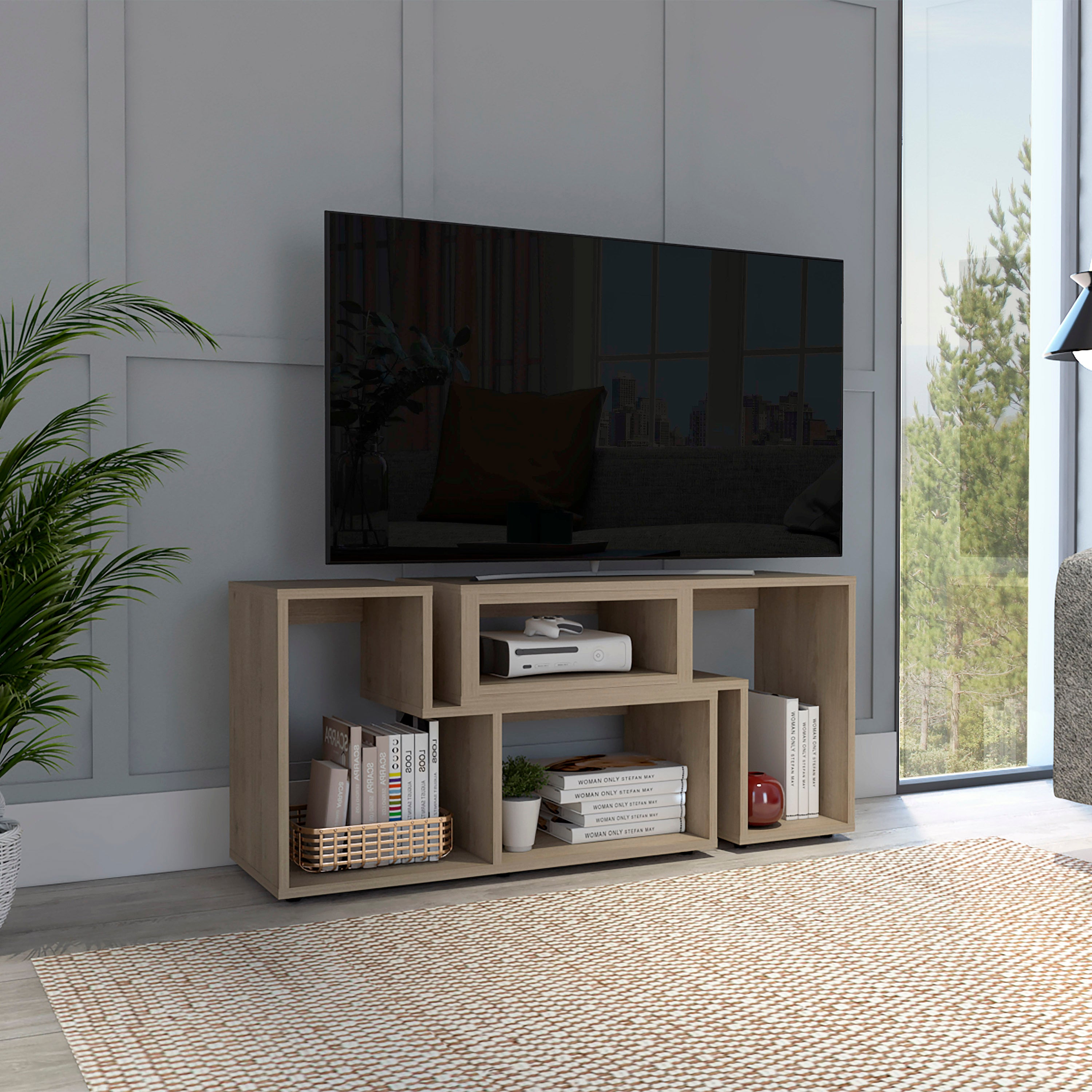 Extendable TV Stand w/ Shelves - Light Pine