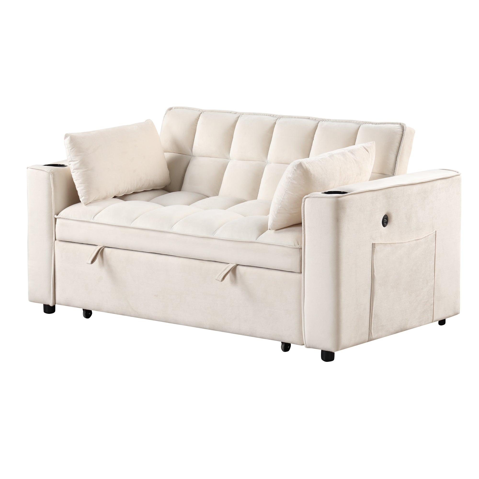 Milky White Sofa Bed: 58" 4-in-1 w/ USB & Cup Holder