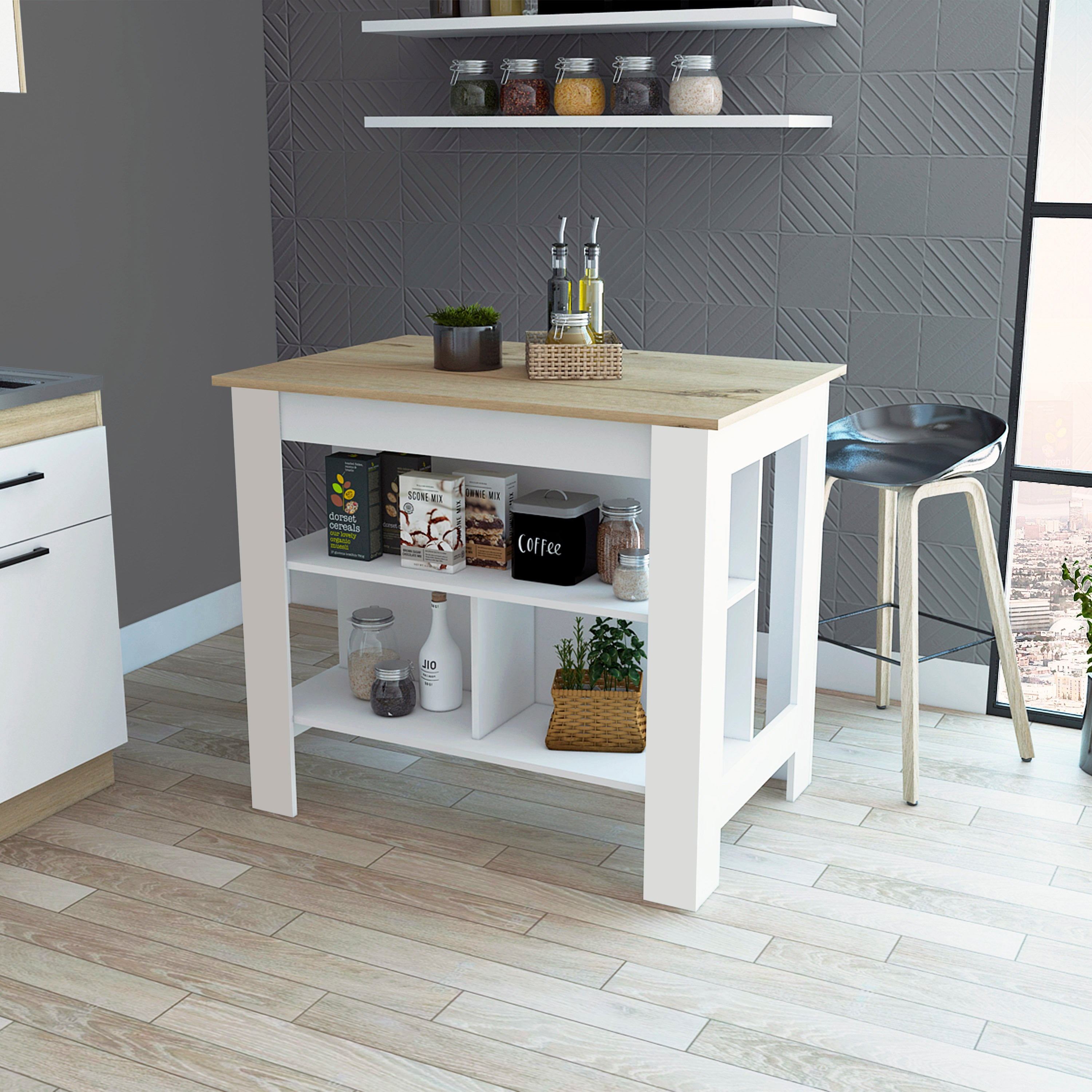 Rockaway Kitchen Island, White & Light Oak, 3-Shelf