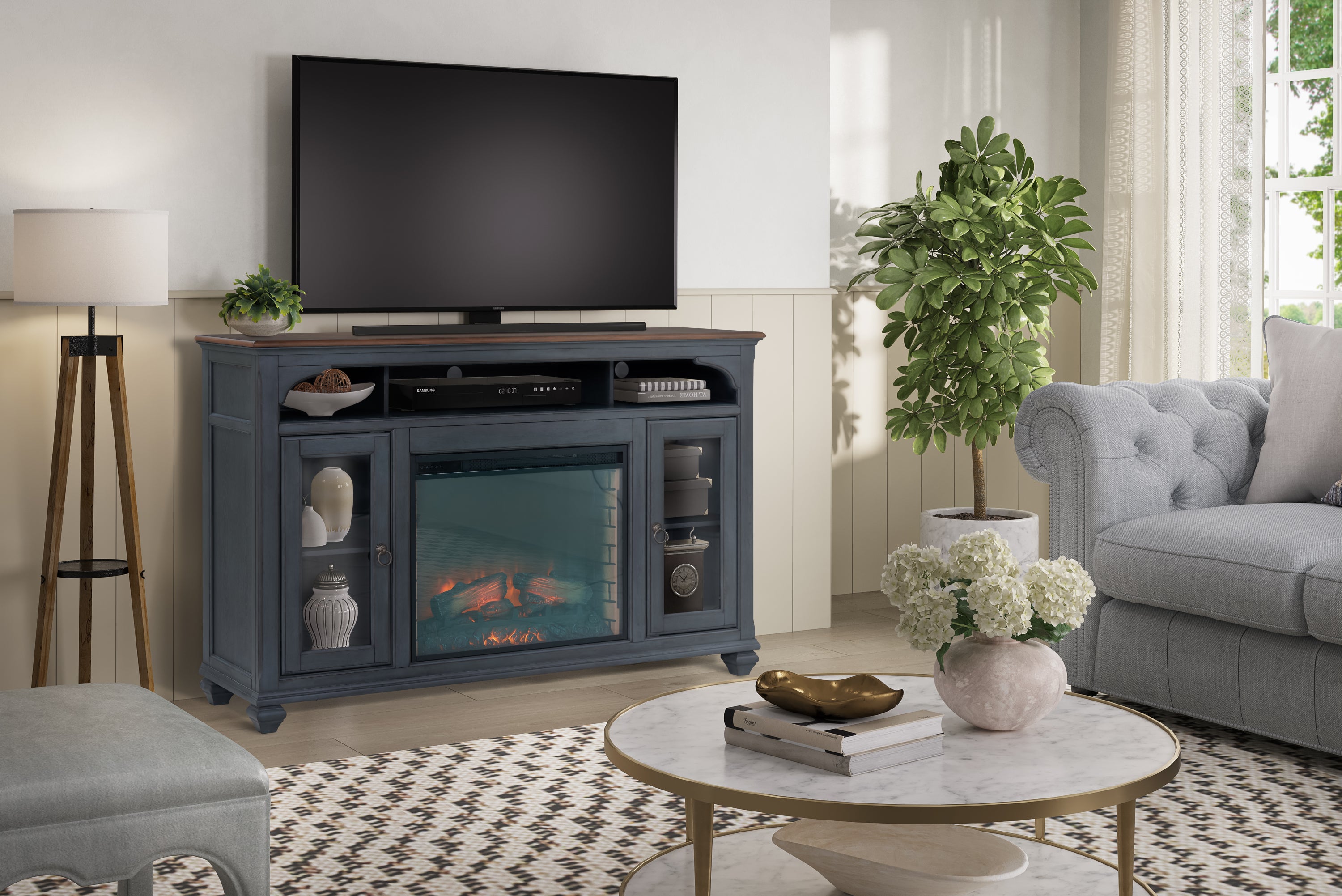 66" Fireplace TV Stand, Corduroy Blue, Fits 80" TVs