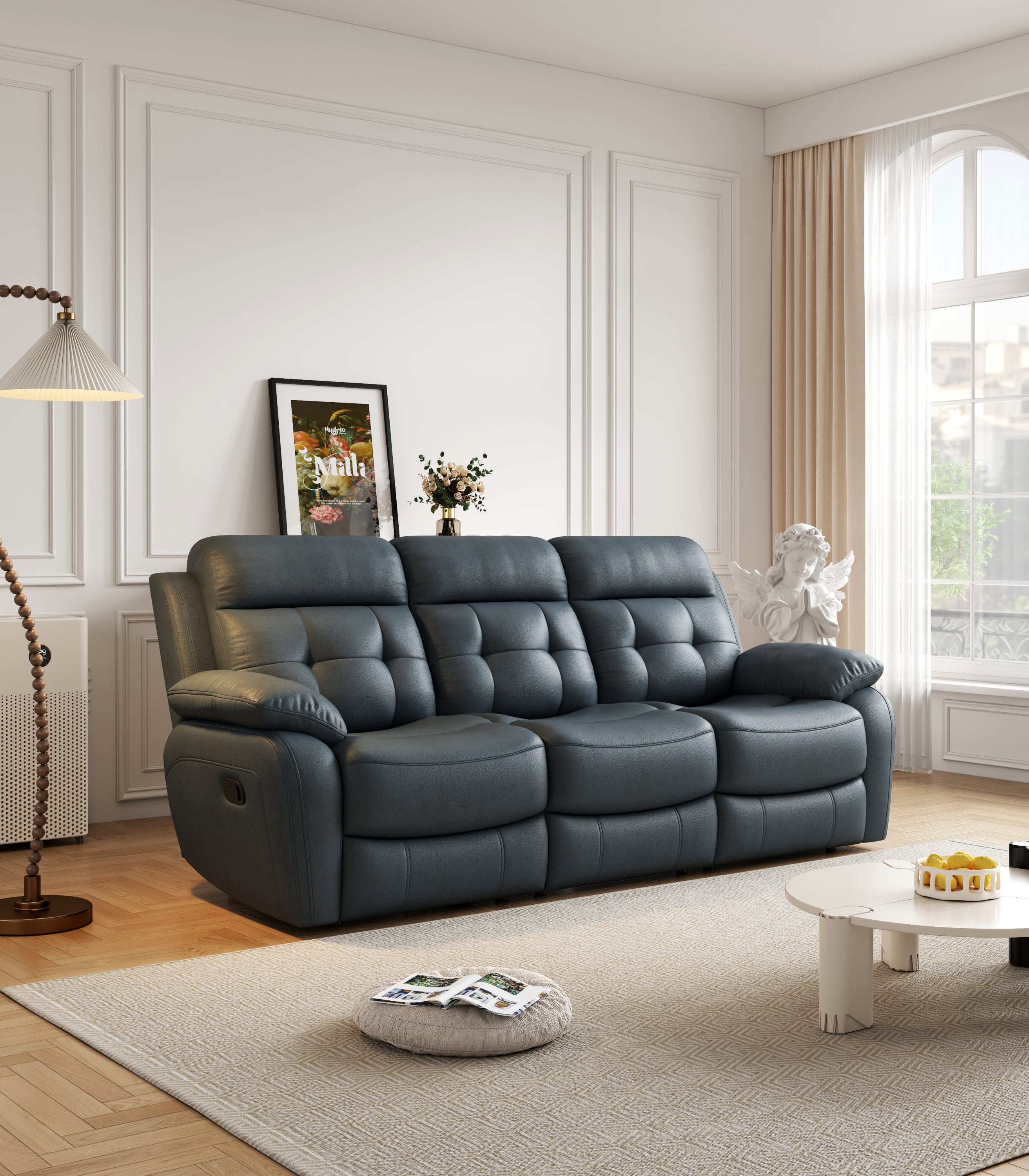 Gray Leather Reclining Sofa w/ Drop-Down Table